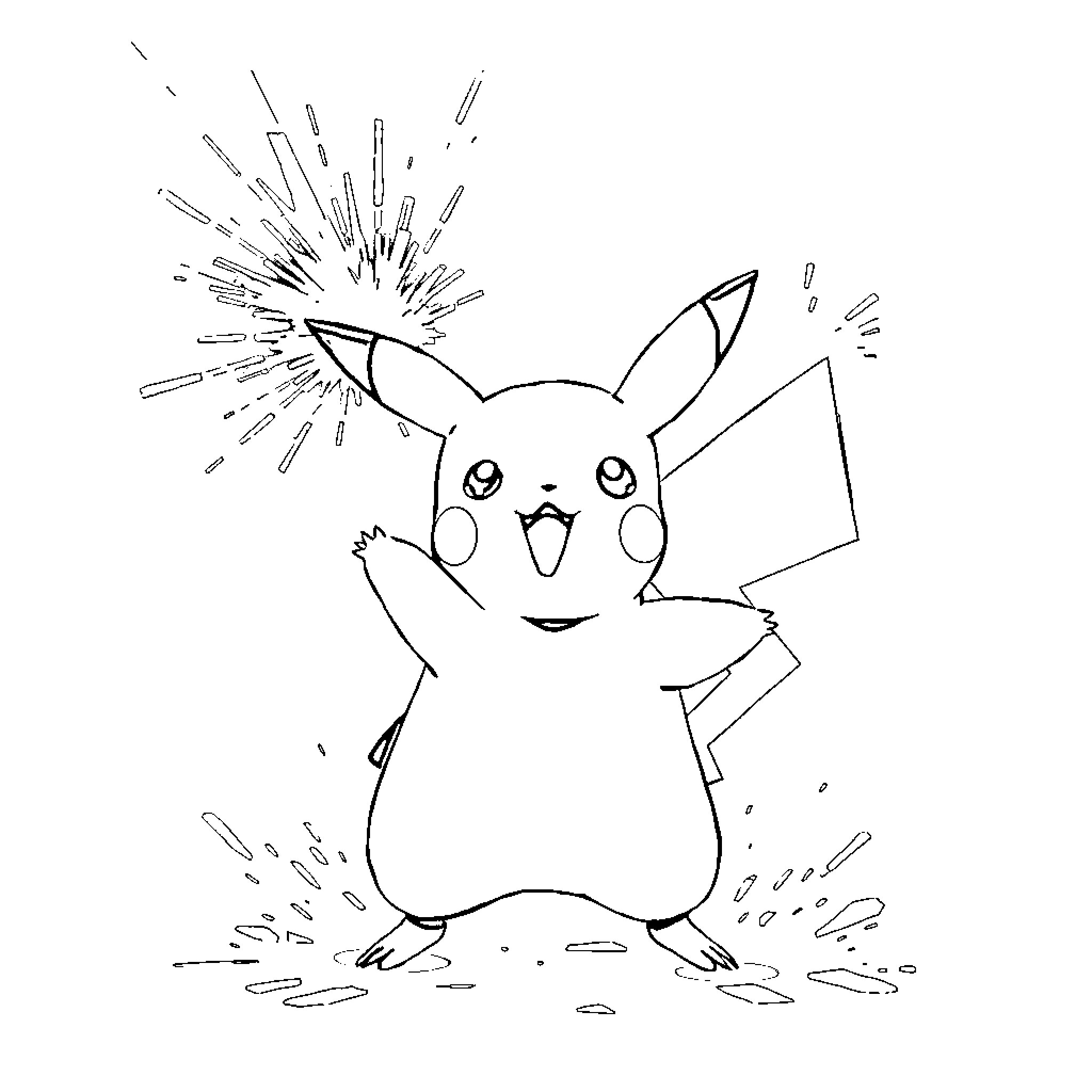 Pikachu cheerfully unleashing electricity Coloring Page (free black-and-white line drawing printable PDF for all, from beginners to advanced learners, including children, teens, adults, and seniors)