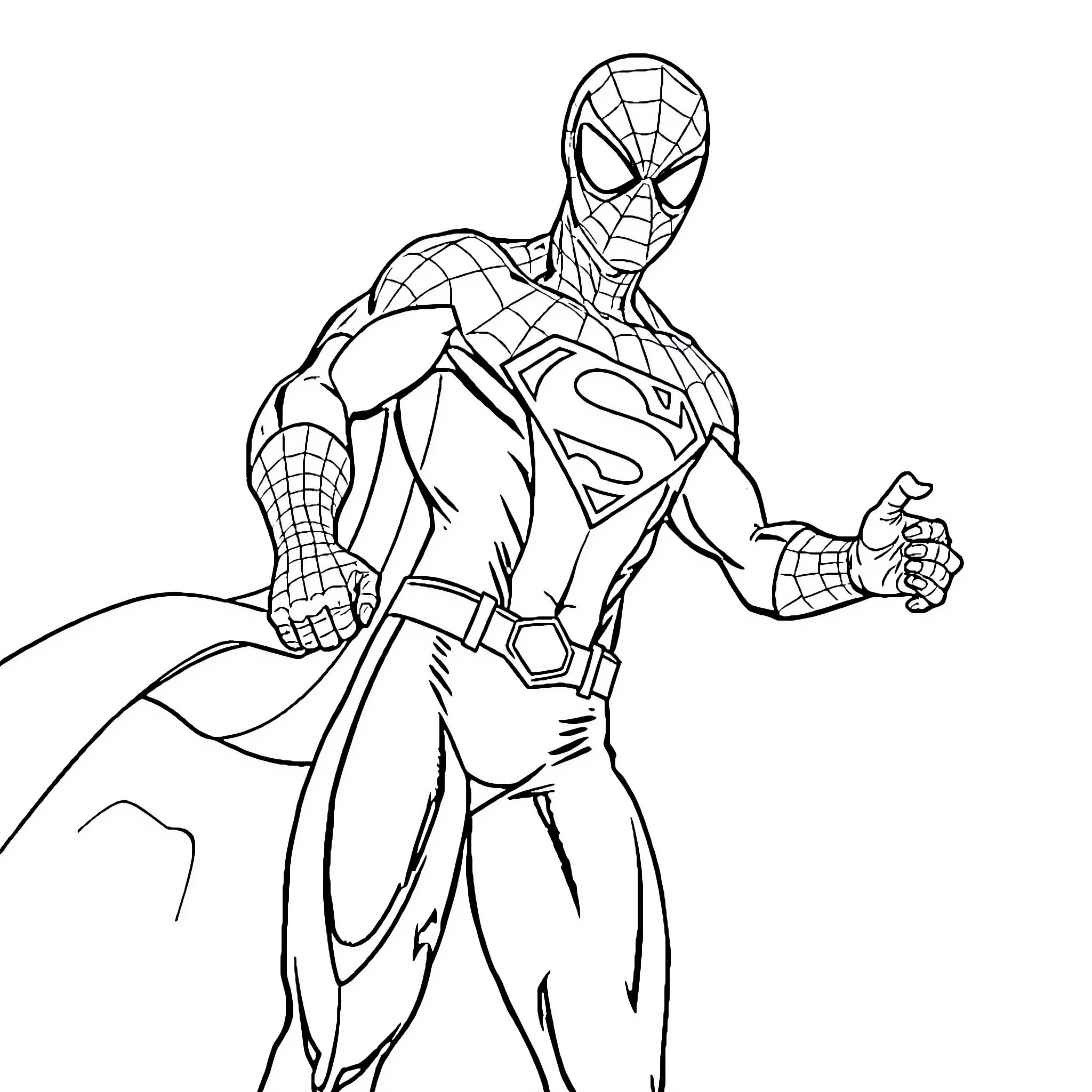 Spiderman in heroic pose with webbing Coloring Page (free black-and-white line drawing printable PDF for all, from beginners to advanced learners, including children, teens, adults, and seniors)