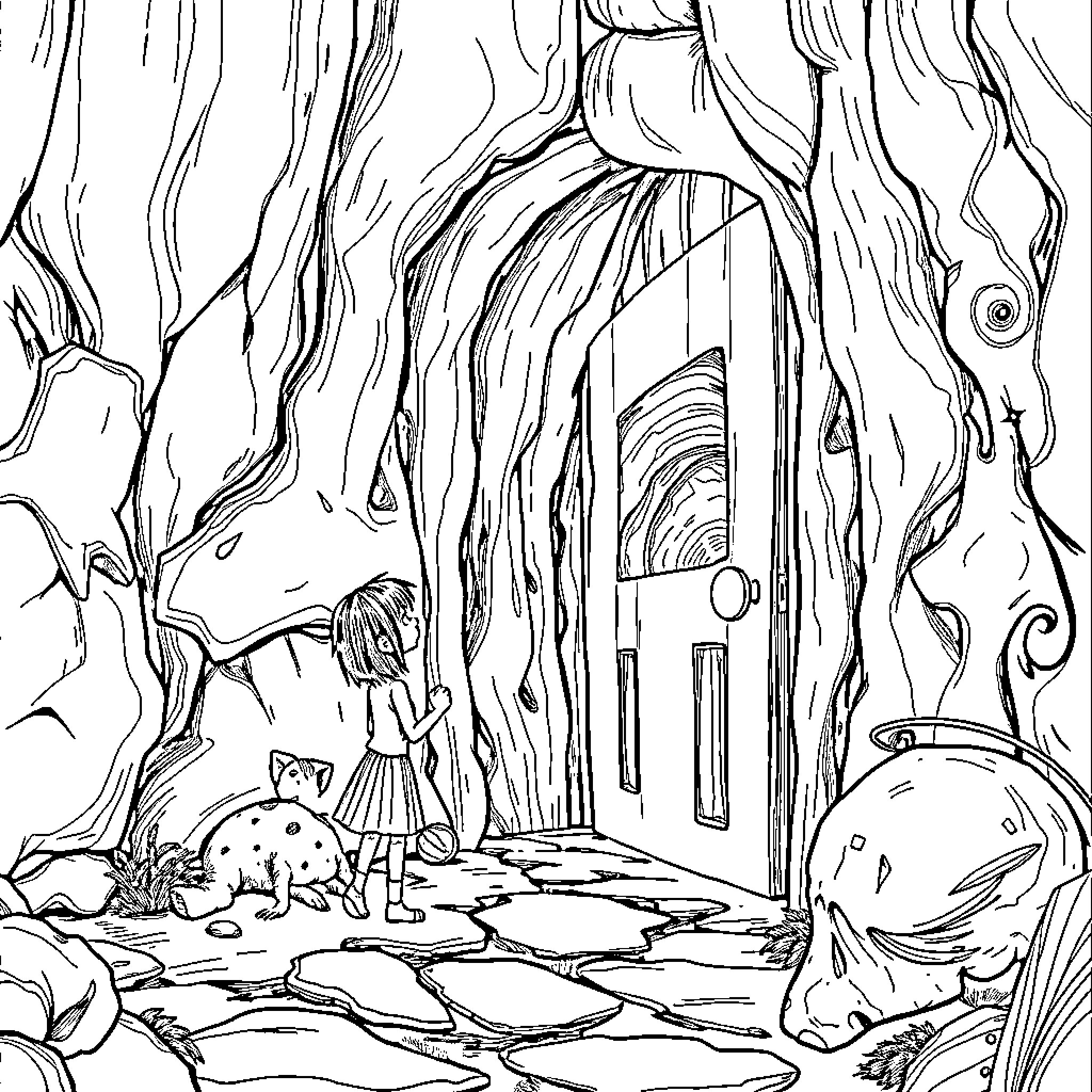 Coraline exploring the mysterious other world Coloring Page (free black-and-white line drawing printable PDF for all, from beginners to advanced learners, including children, teens, adults, and seniors)