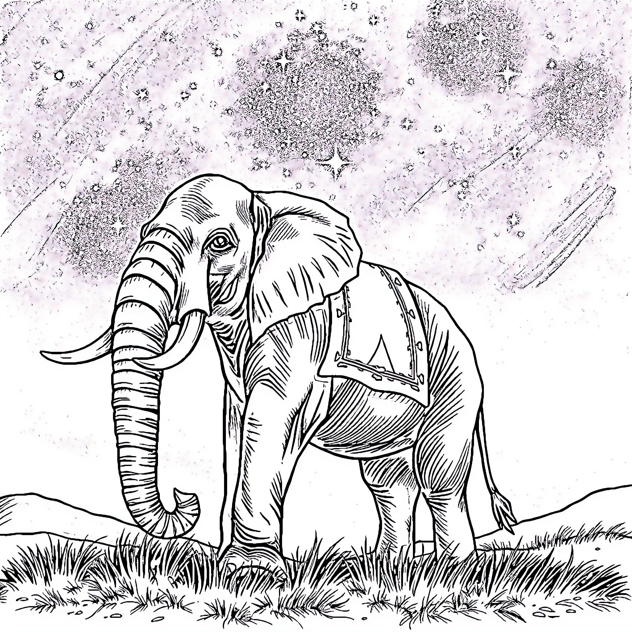 Elephant walking in the snow-covered wilderness Coloring Page (free black-and-white line drawing printable PDF for all, from beginners to advanced learners, including children, teens, adults, and seniors)