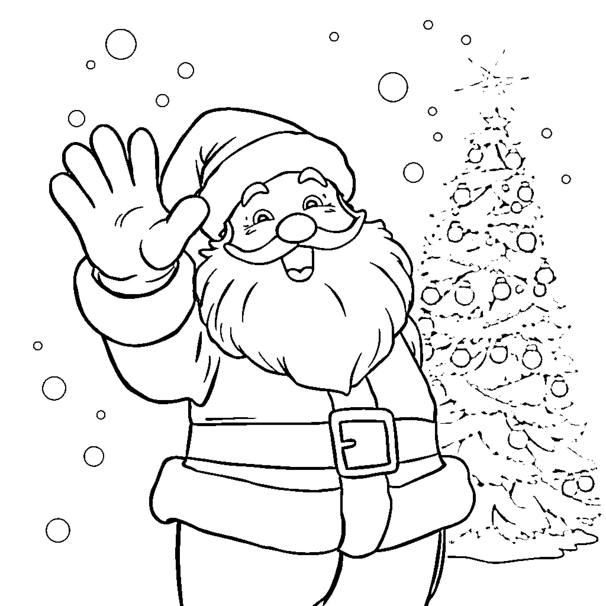 Santa Claus waving happily with Christmas tree Coloring Page (free black-and-white line drawing printable PDF for all, from beginners to advanced learners, including children, teens, adults, and seniors)