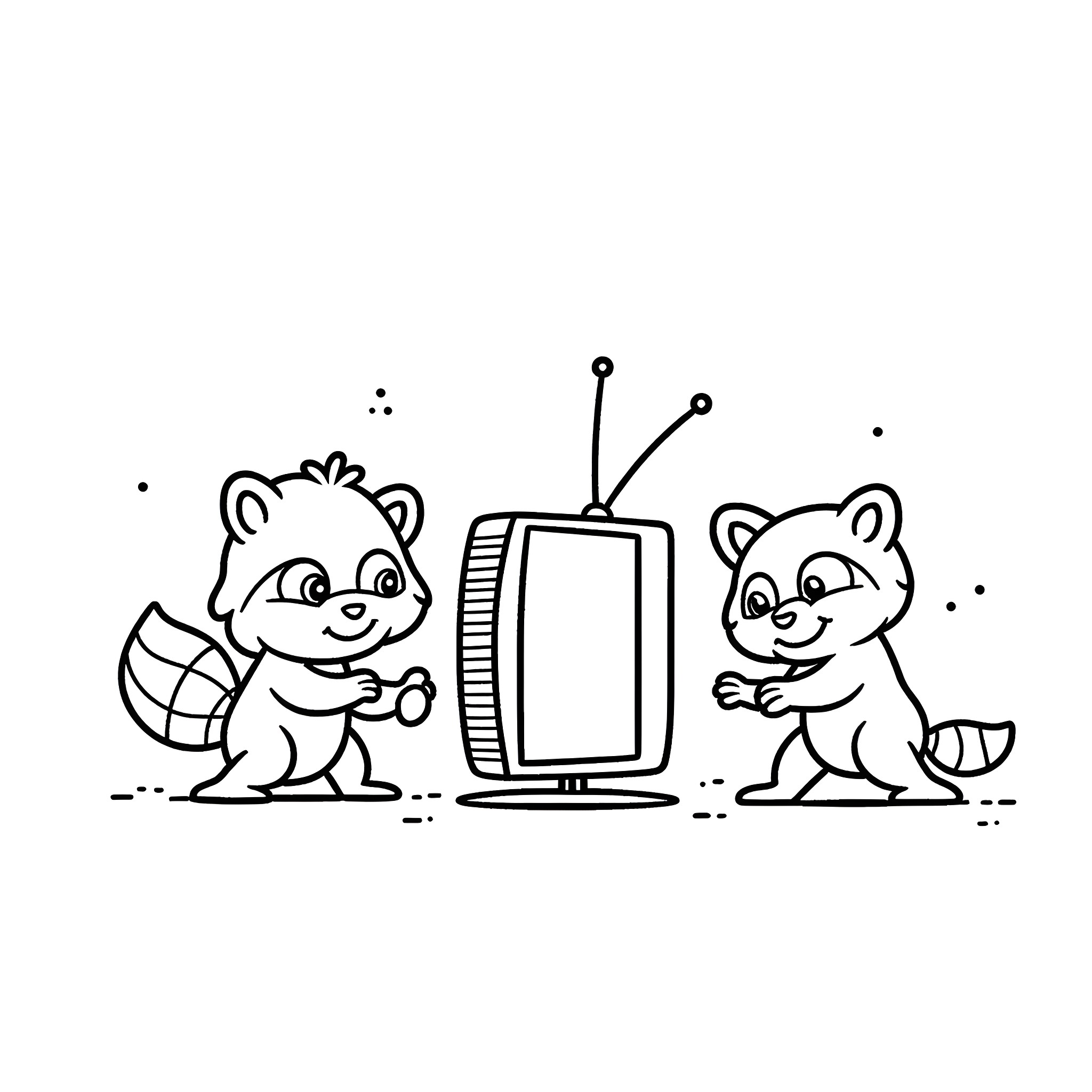 Raccoons watching TV together Coloring Page (free black-and-white line drawing printable PDF for all, from beginners to advanced learners, including children, teens, adults, and seniors)