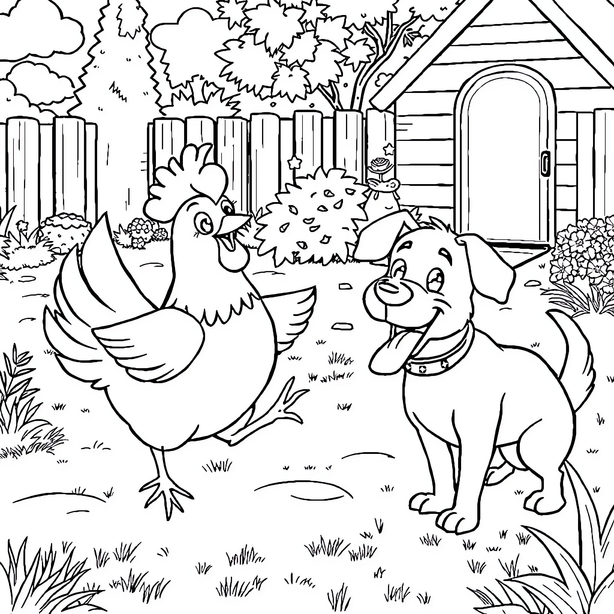 Chicken and dog playing in the countryside Coloring Page (free black-and-white line drawing printable PDF for all, from beginners to advanced learners, including children, teens, adults, and seniors)