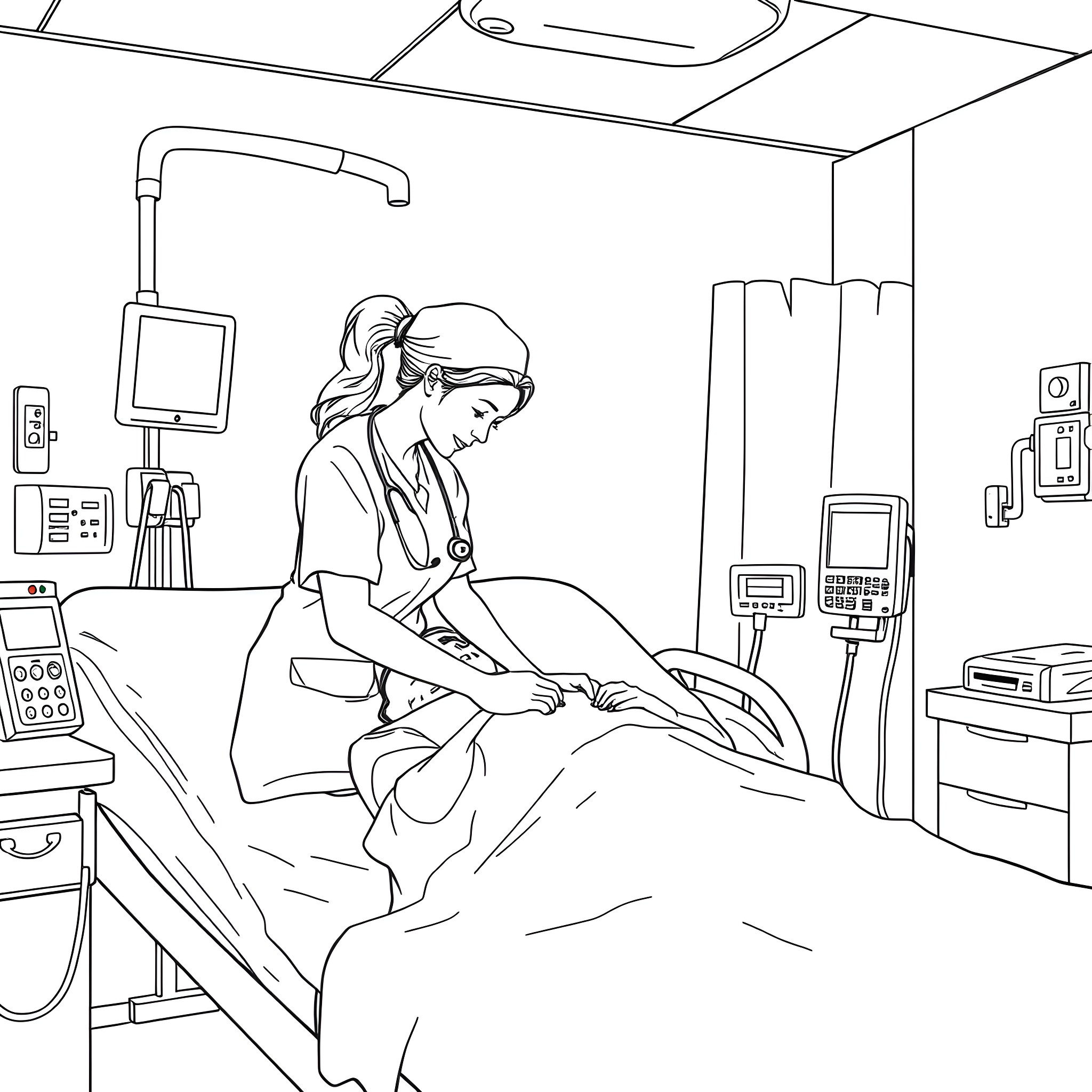 Nurse attending to a patient in a medical room Coloring Page (free black-and-white line drawing printable PDF for all, from beginners to advanced learners, including children, teens, adults, and seniors)