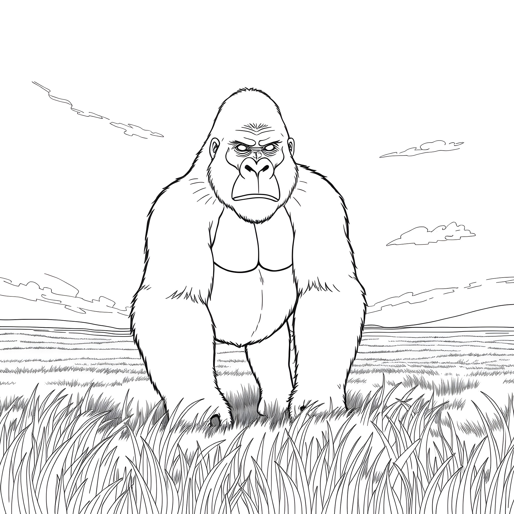 Gorilla standing proudly in the wilderness Coloring Page (free black-and-white line drawing printable PDF for all, from beginners to advanced learners, including children, teens, adults, and seniors)