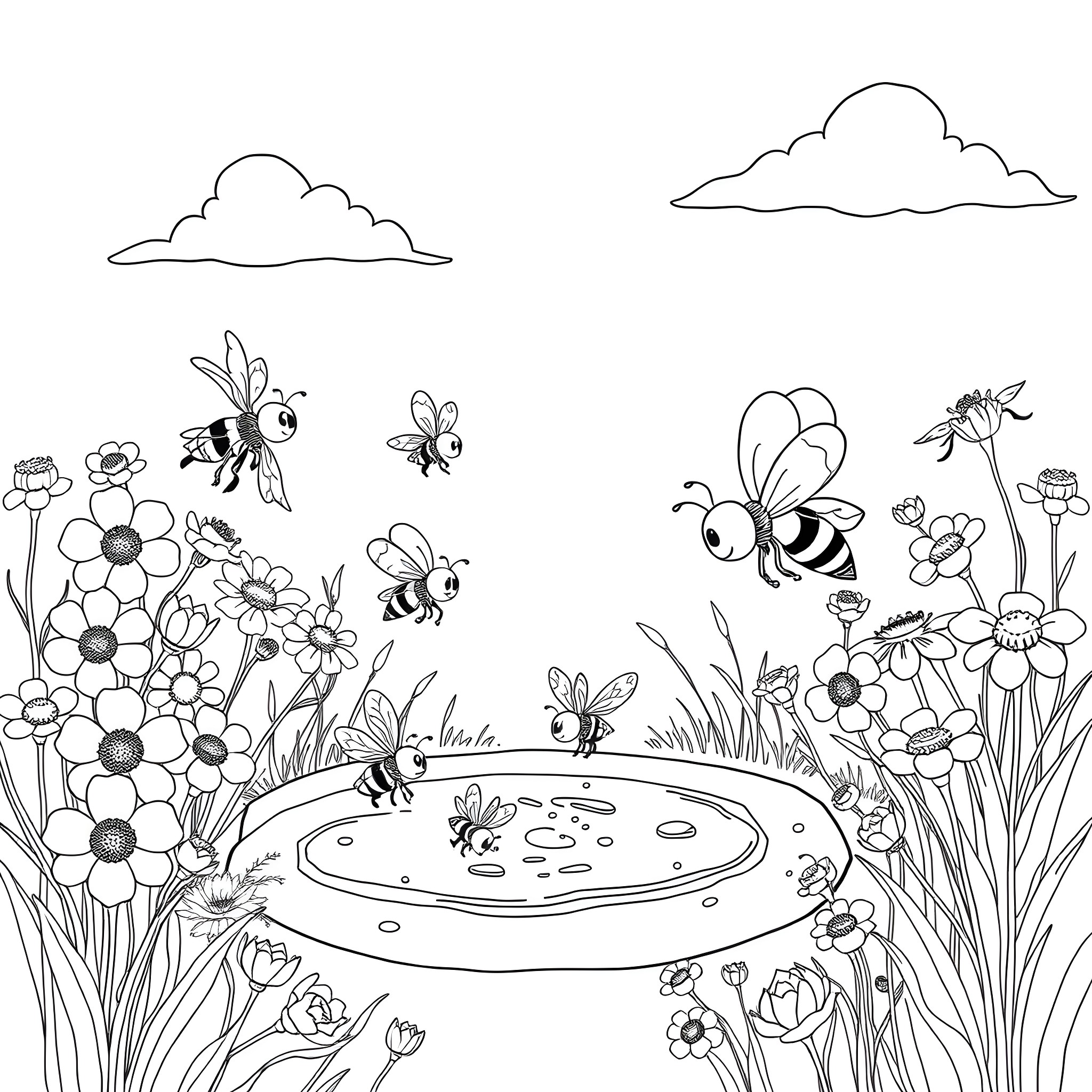 Bee garden with flowers and pond Coloring Page (free black-and-white line drawing printable PDF for all, from beginners to advanced learners, including children, teens, adults, and seniors)