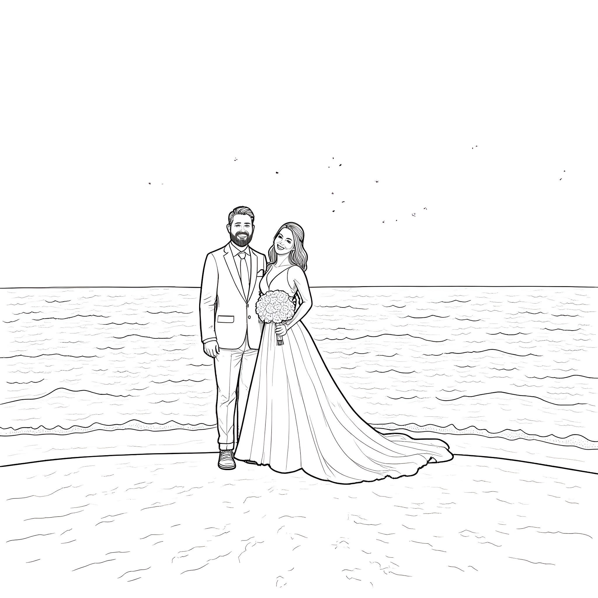Bride and groom on the beach Coloring Page (free black-and-white line drawing printable PDF for all, from beginners to advanced learners, including children, teens, adults, and seniors)