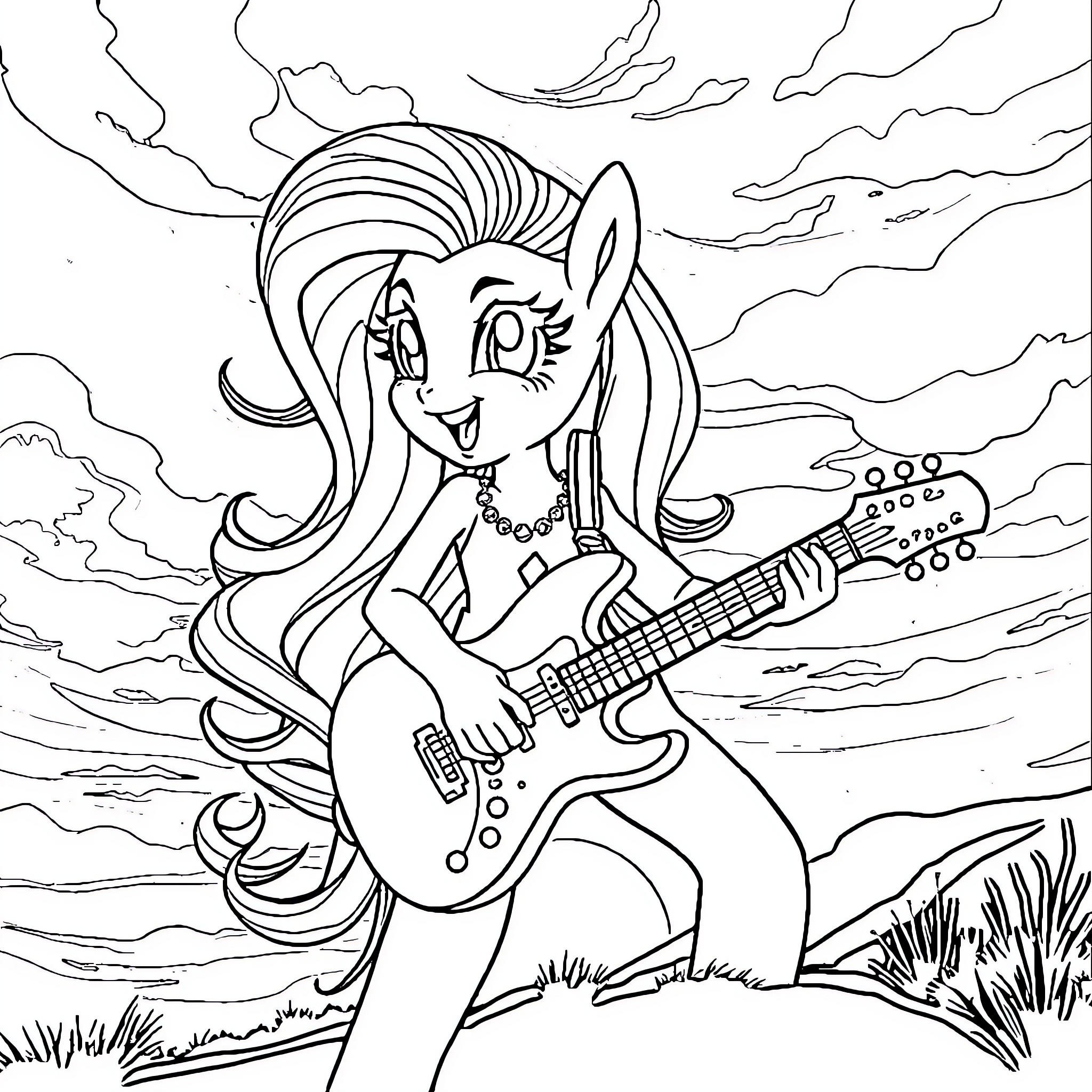 Sunset Shimmer playing guitar in nature Coloring Page (free black-and-white line drawing printable PDF for all, from beginners to advanced learners, including children, teens, adults, and seniors)