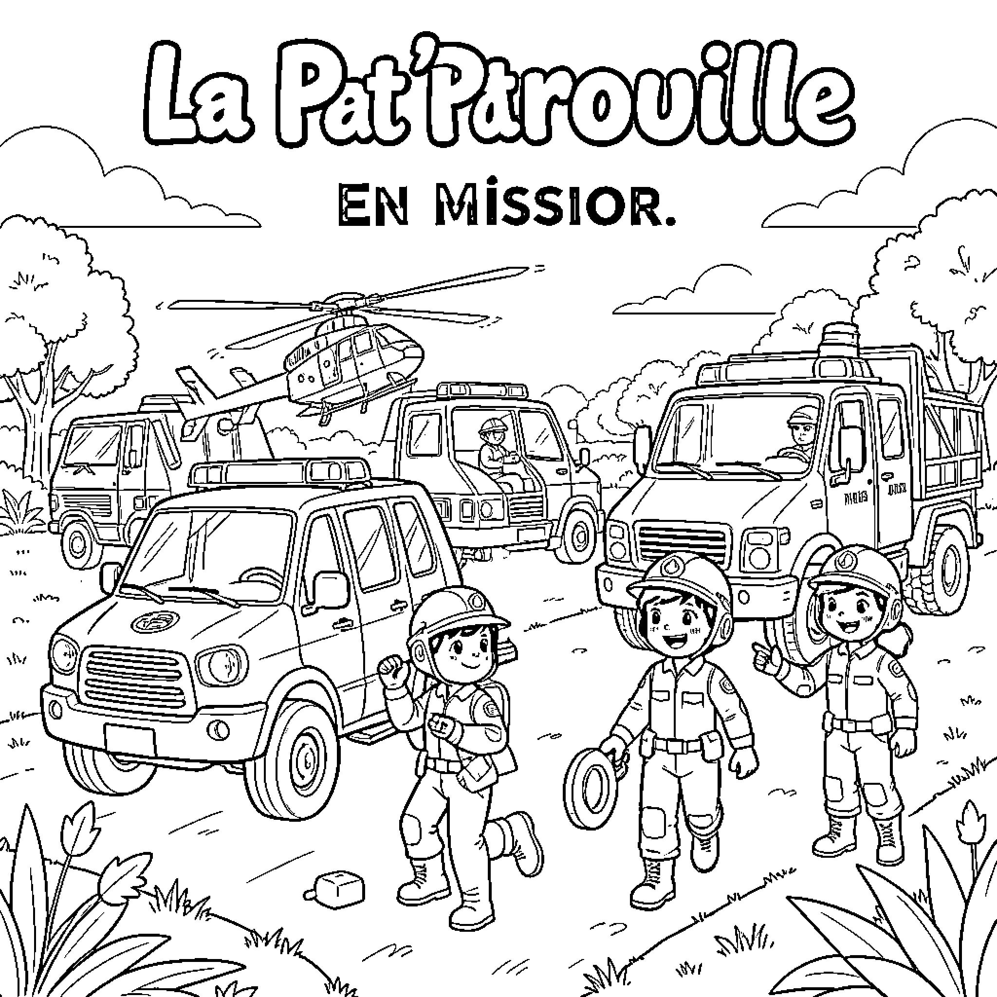 Pat Patrol rescue team on a mission with vehicles Coloring Page (free black-and-white line drawing printable PDF for all, from beginners to advanced learners, including children, teens, adults, and seniors)