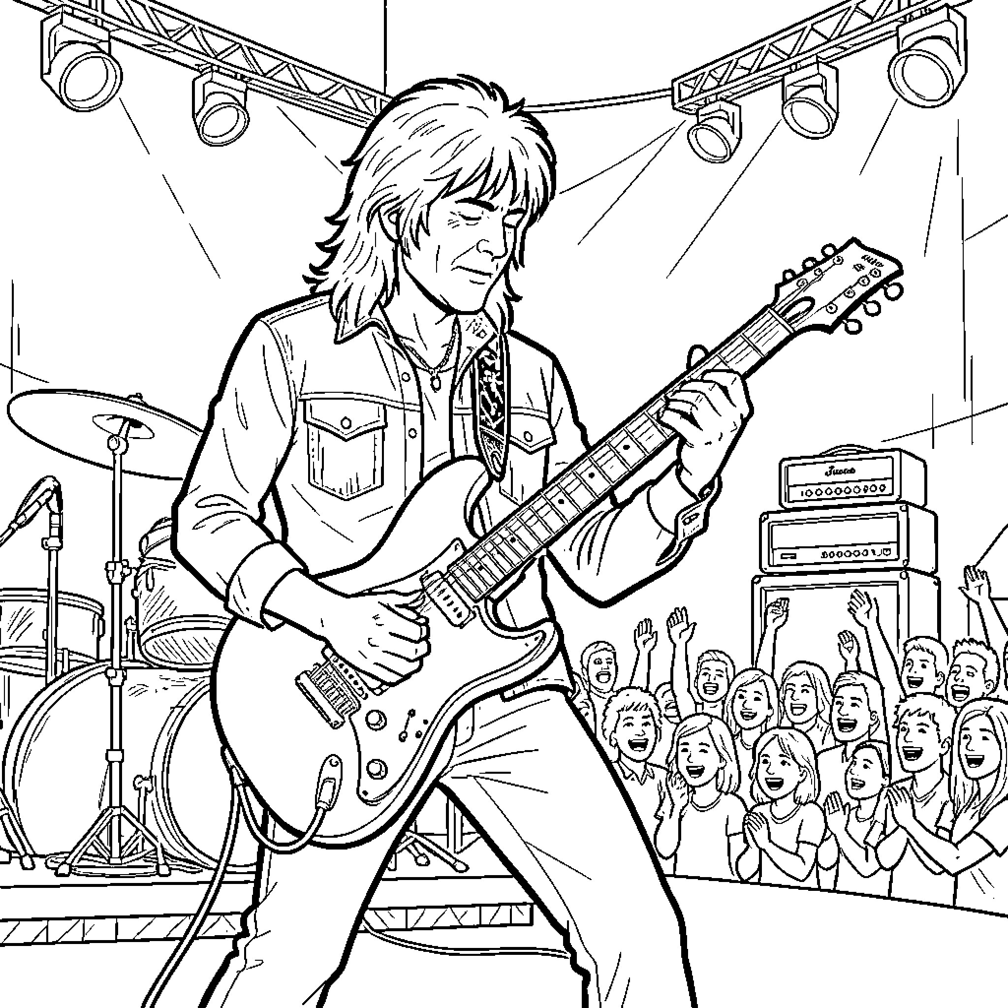 Eddie Van Halen performing passionately on stage with guitar Coloring Page (free black-and-white line drawing printable PDF for all, from beginners to advanced learners, including children, teens, adults, and seniors)
