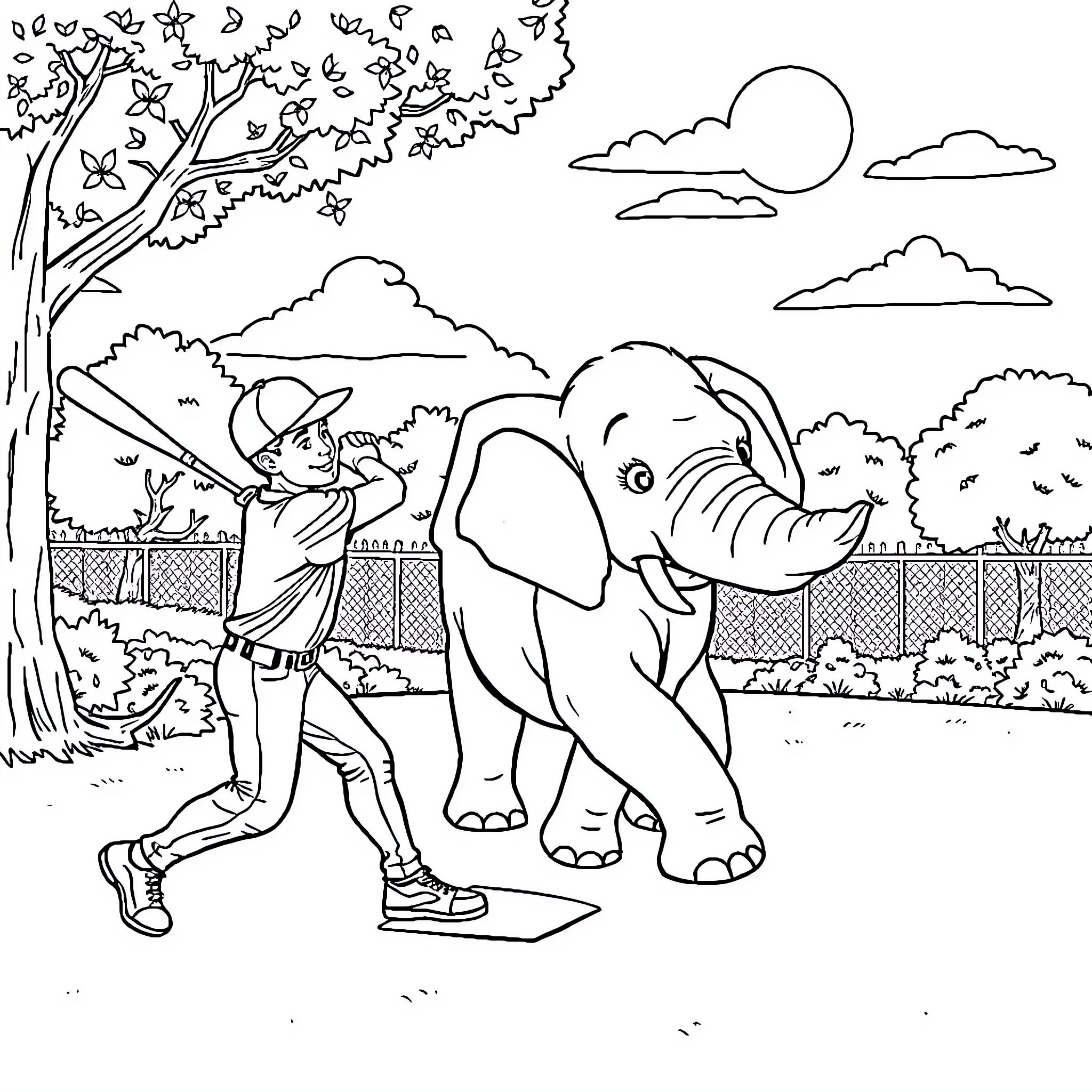 Baseball Player playing with an Elephant in the Park Coloring Page (free black-and-white line drawing printable PDF for all, from beginners to advanced learners, including children, teens, adults, and seniors)