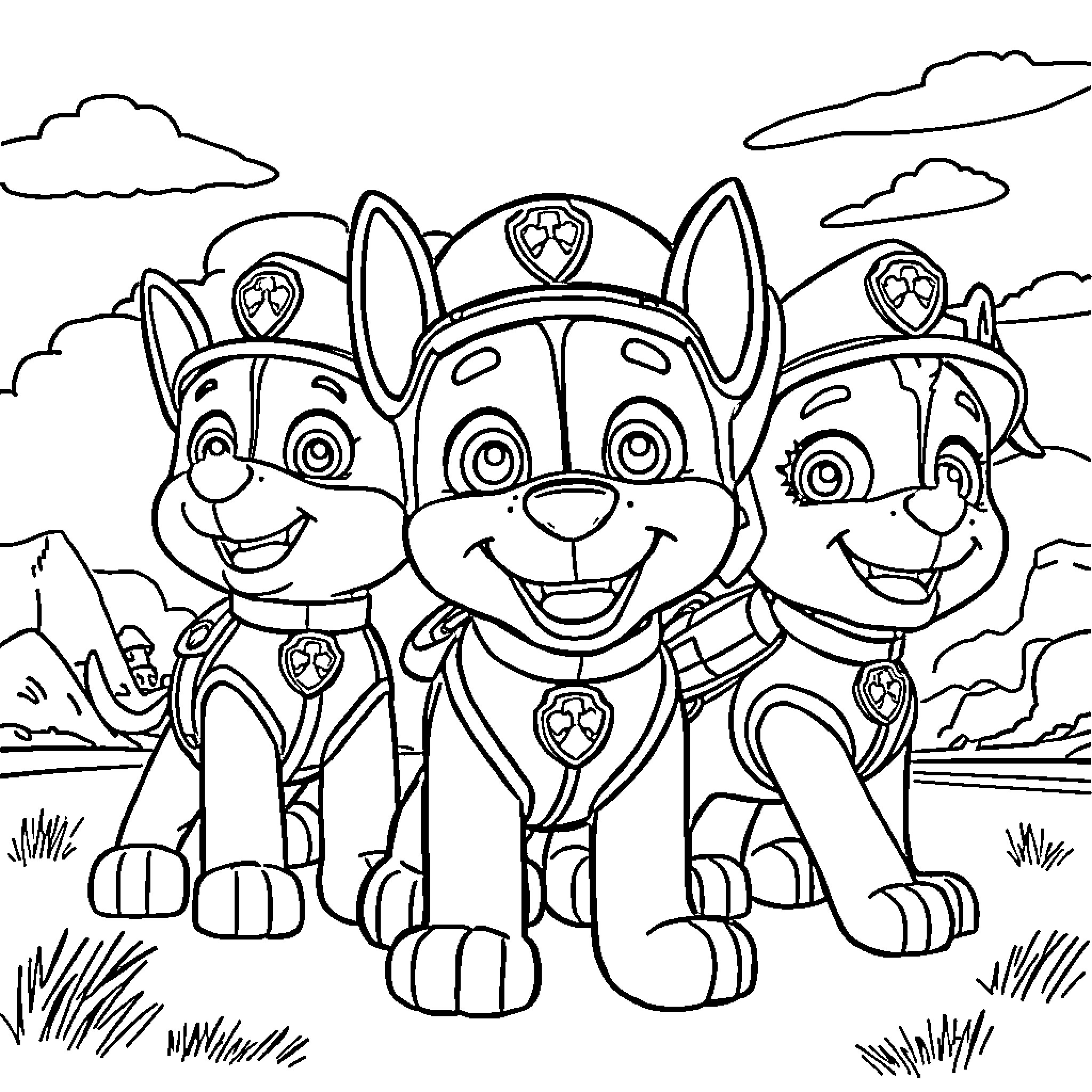 Paw Patrol pups in an outdoor adventure Coloring Page (free black-and-white line drawing printable PDF for all, from beginners to advanced learners, including children, teens, adults, and seniors)