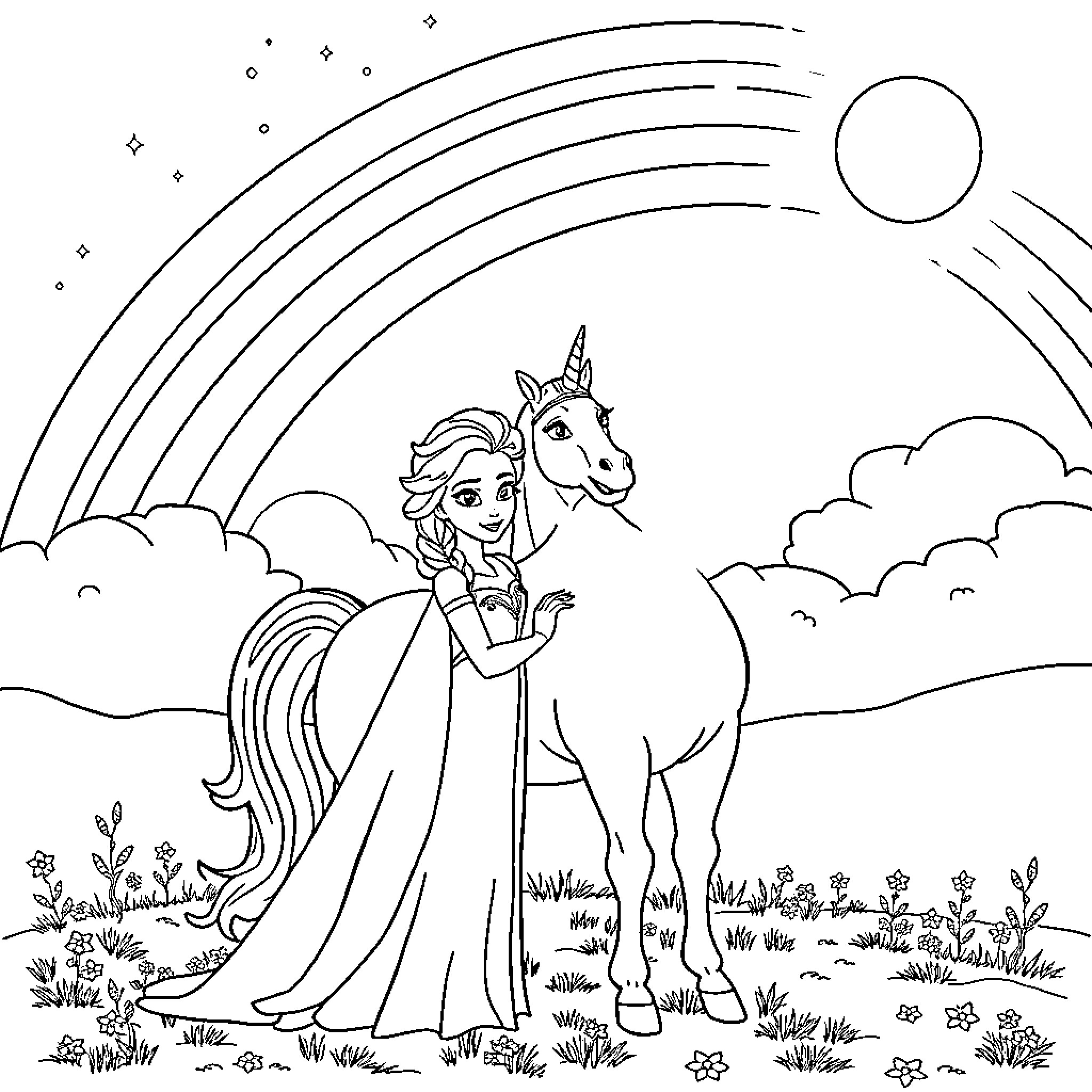 Elsa and her Magical Unicorn in a Whimsical Landscape Coloring Page (free black-and-white line drawing printable PDF for all, from beginners to advanced learners, including children, teens, adults, and seniors)