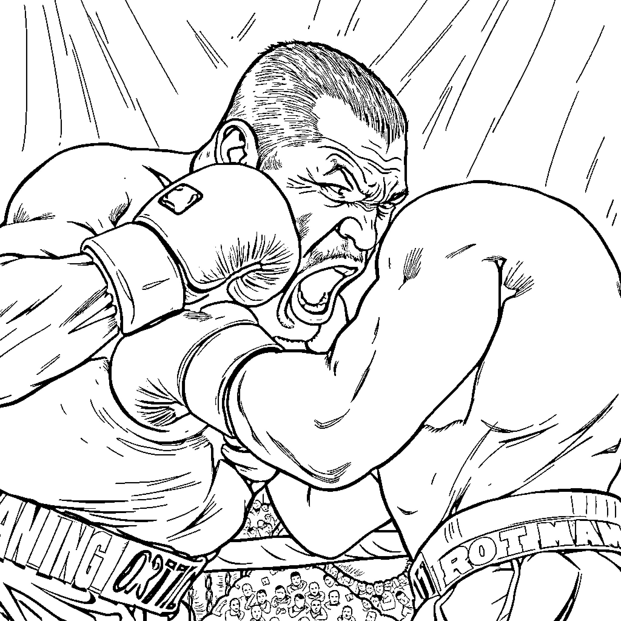 Tito Ortiz in an intense grappling match Coloring Page (free black-and-white line drawing printable PDF for all, from beginners to advanced learners, including children, teens, adults, and seniors)