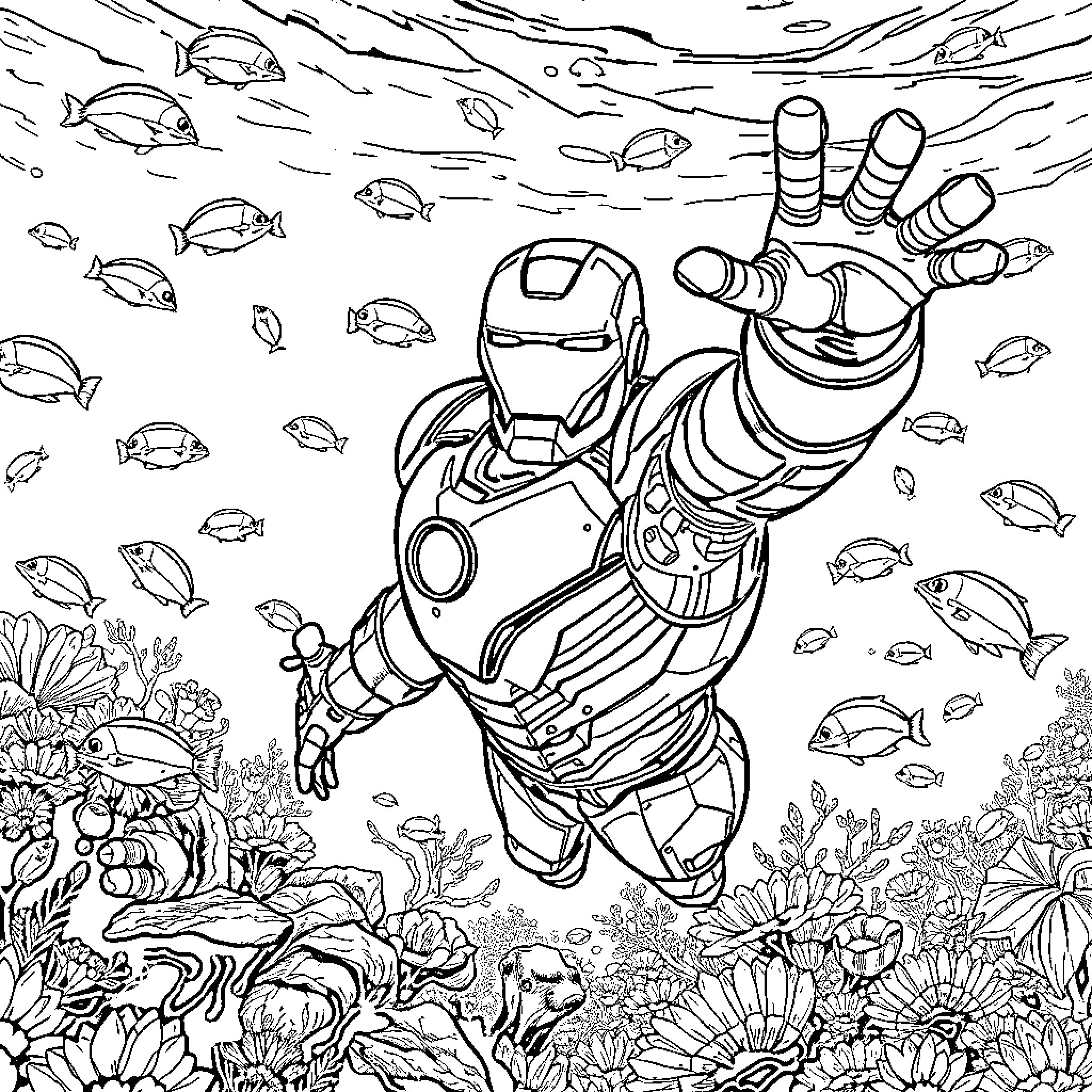 Iron Man exploring the underwater world Coloring Page (free black-and-white line drawing printable PDF for all, from beginners to advanced learners, including children, teens, adults, and seniors)