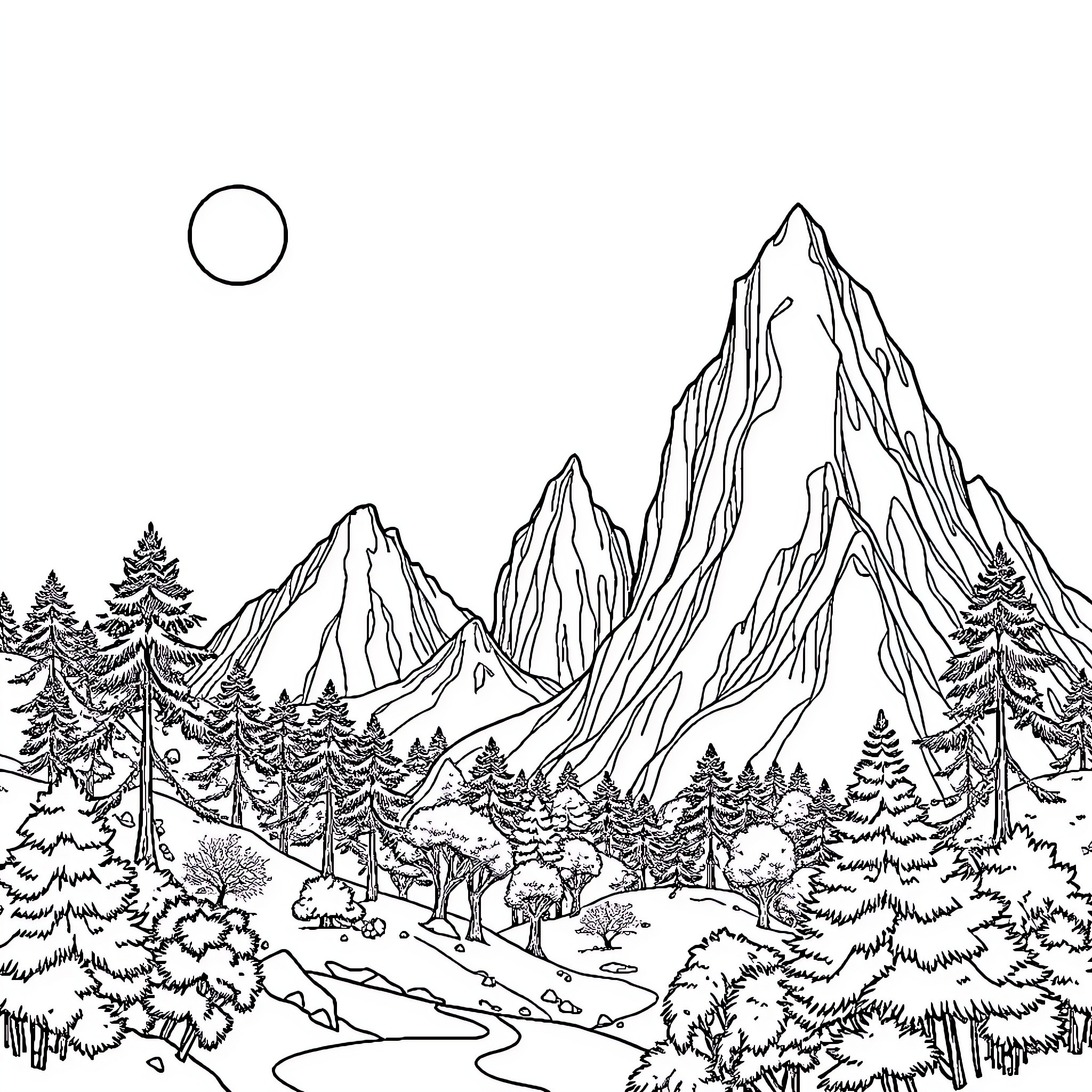 Island Scenic Landscape with Mountains and Forest Coloring Page (free black-and-white line drawing printable PDF for all, from beginners to advanced learners, including children, teens, adults, and seniors)