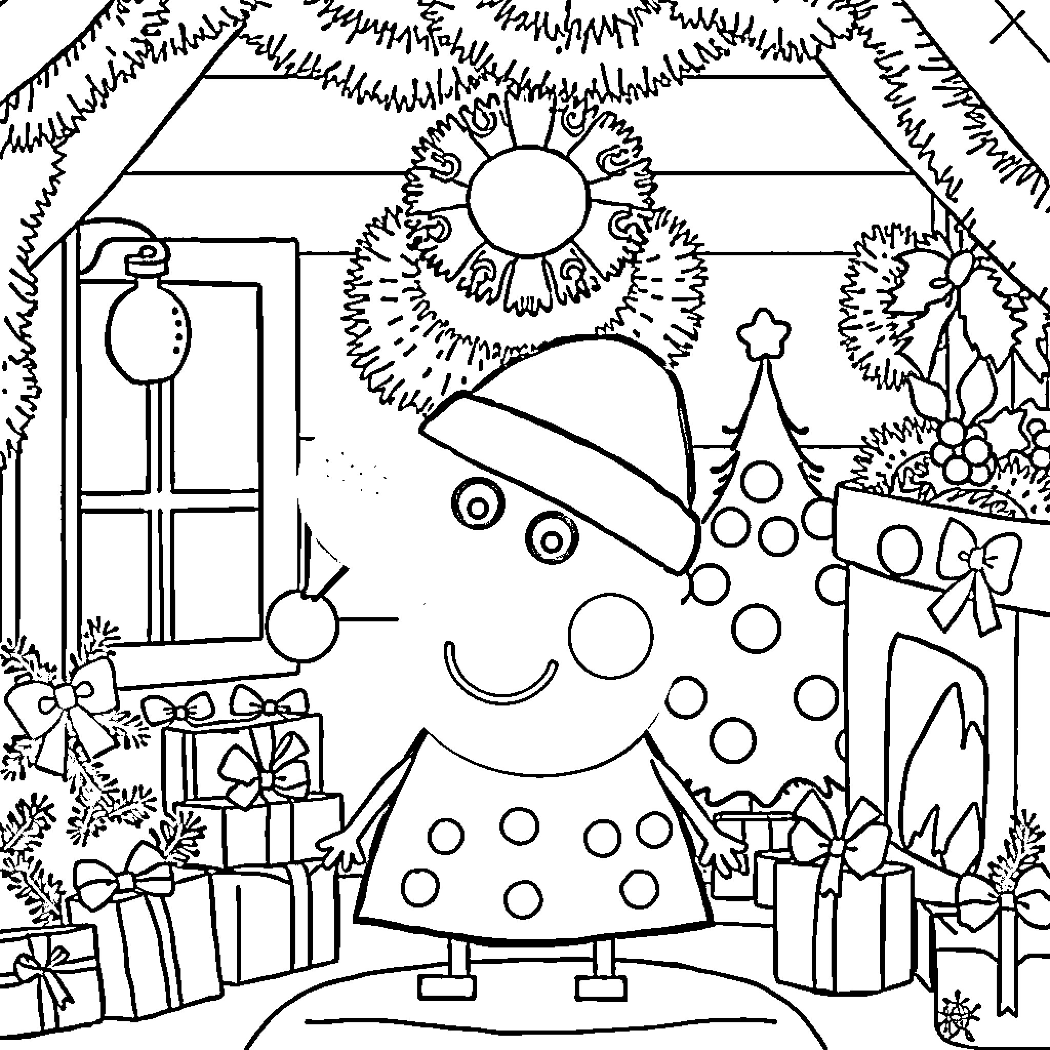 Peppa Pig's Winter Wonderland Scene Coloring Page (free black-and-white line drawing printable PDF for all, from beginners to advanced learners, including children, teens, adults, and seniors)
