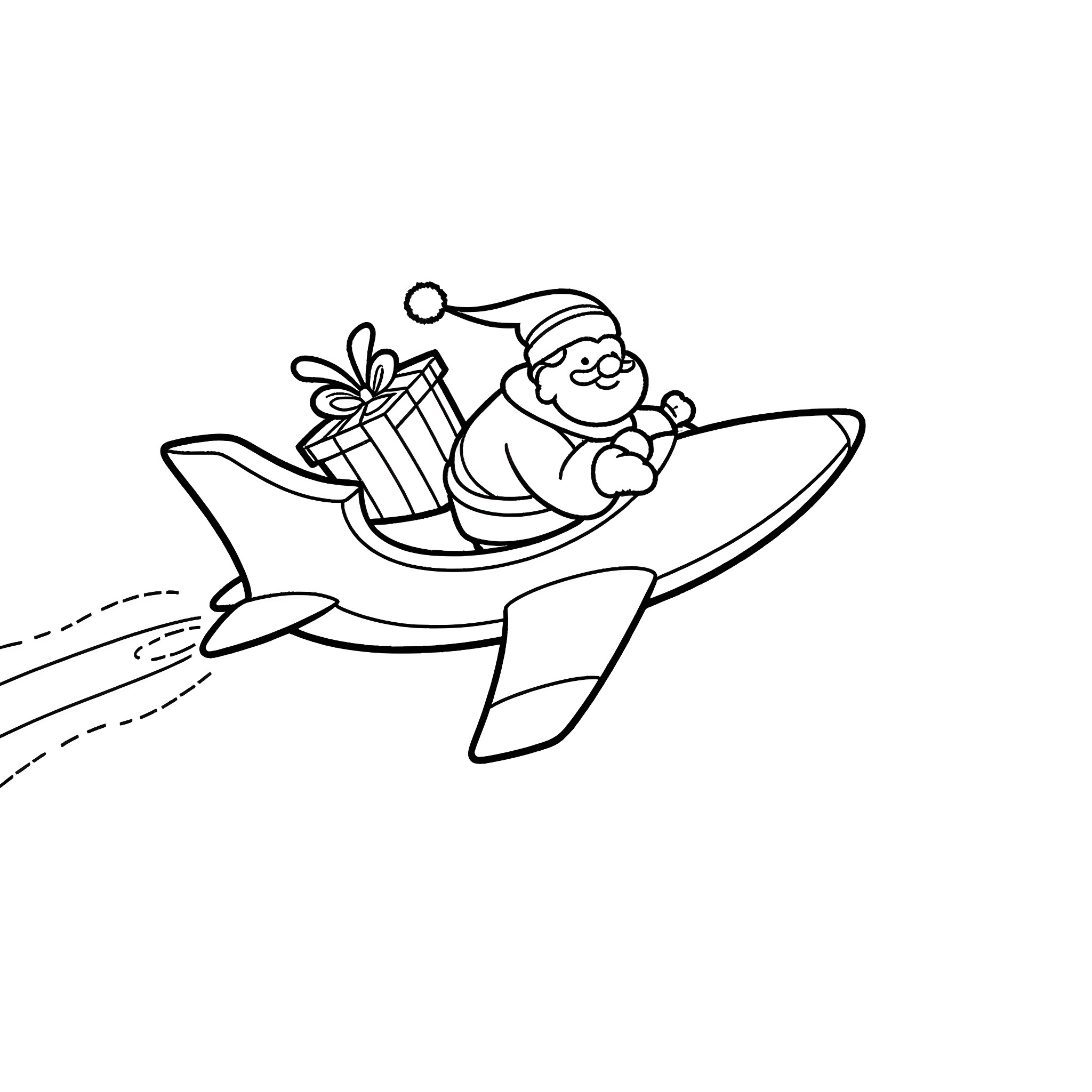 Santa flying in a rocket with gift Coloring Page (free black-and-white line drawing printable PDF for all, from beginners to advanced learners, including children, teens, adults, and seniors)
