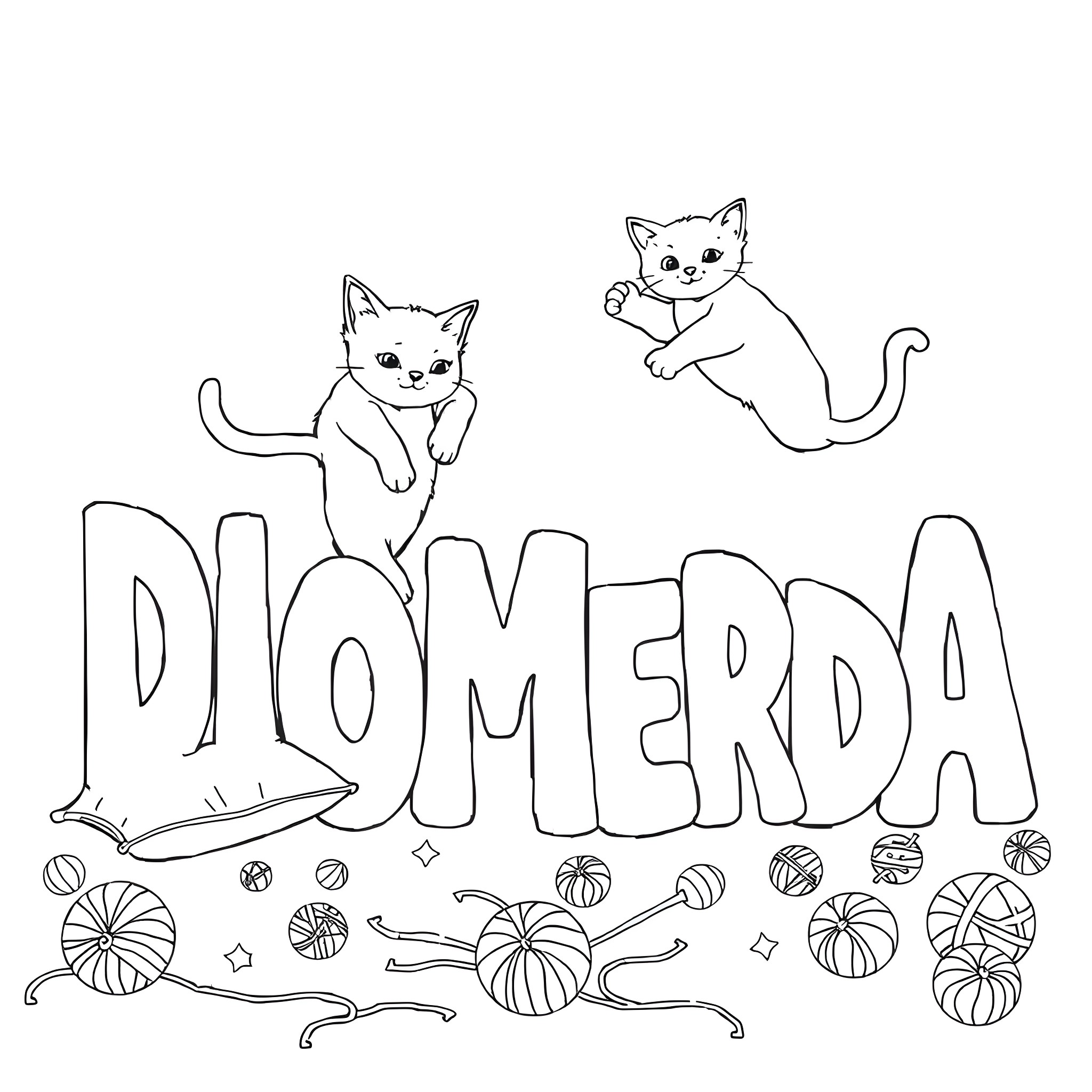 Cats Playing Playfully with Yarn Balls Coloring Page (free black-and-white line drawing printable PDF for all, from beginners to advanced learners, including children, teens, adults, and seniors)