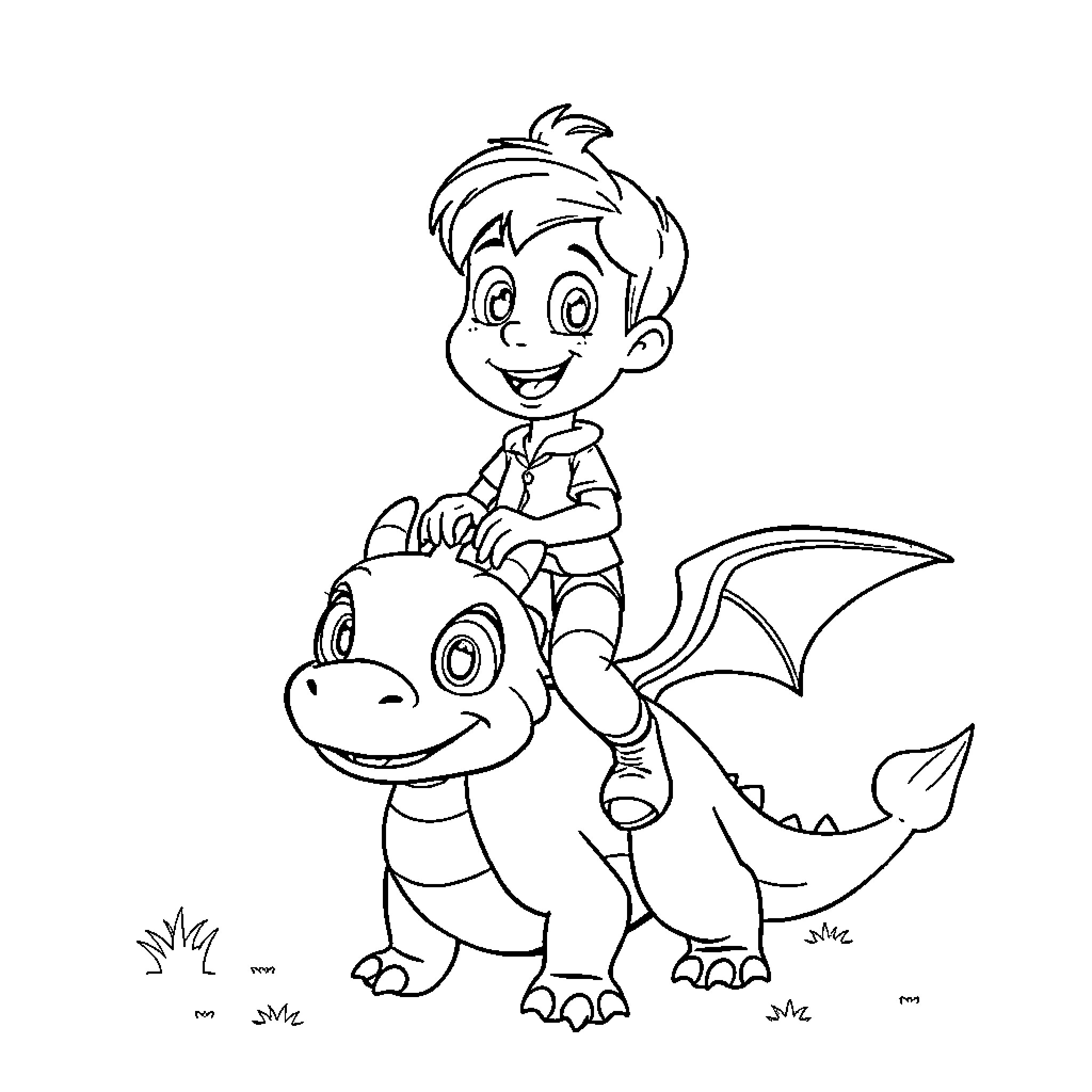 Woody riding a friendly dragon Coloring Page (free black-and-white line drawing printable PDF for all, from beginners to advanced learners, including children, teens, adults, and seniors)