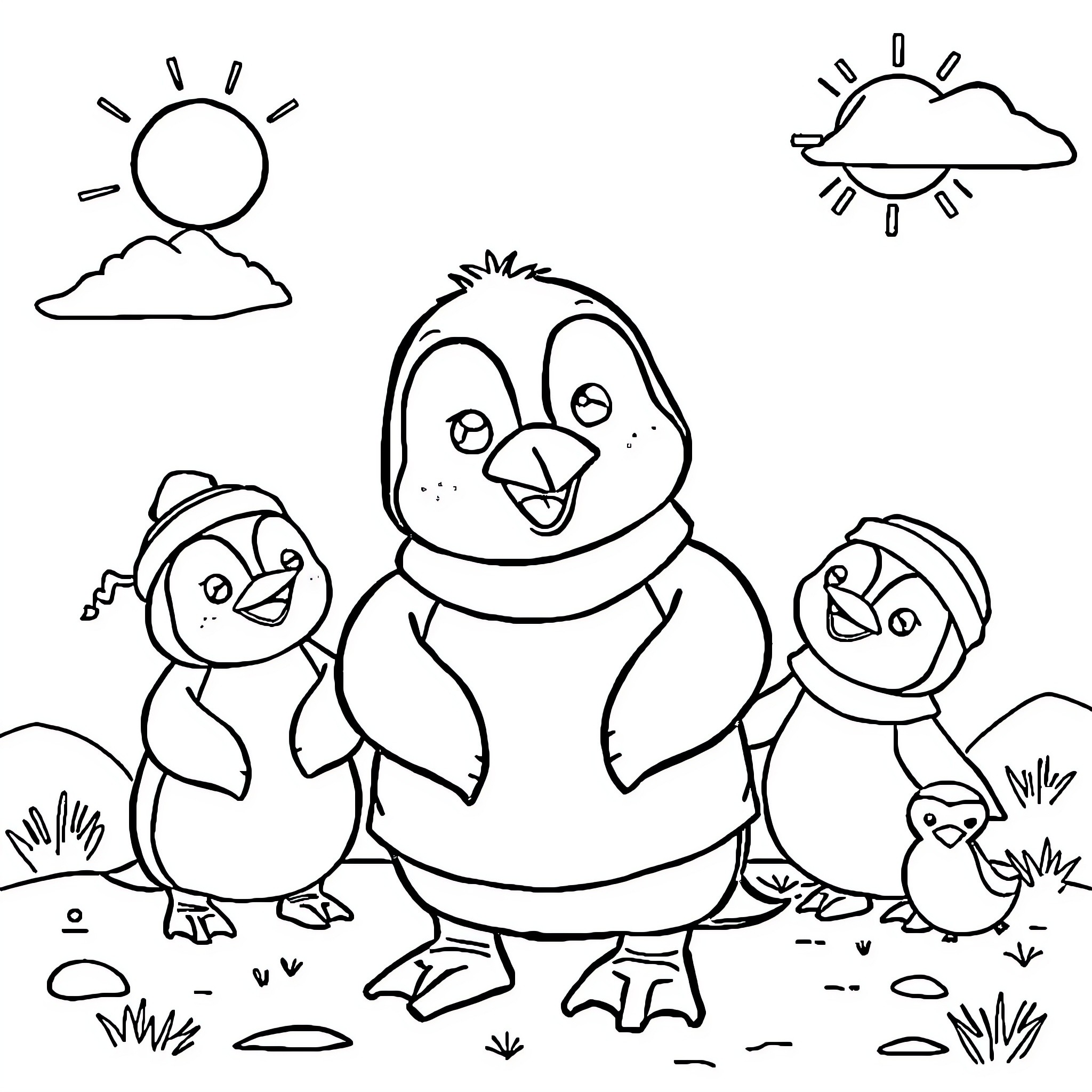 Tchoupi and Friends Enjoying the Outdoors Coloring Page (free black-and-white line drawing printable PDF for all, from beginners to advanced learners, including children, teens, adults, and seniors)