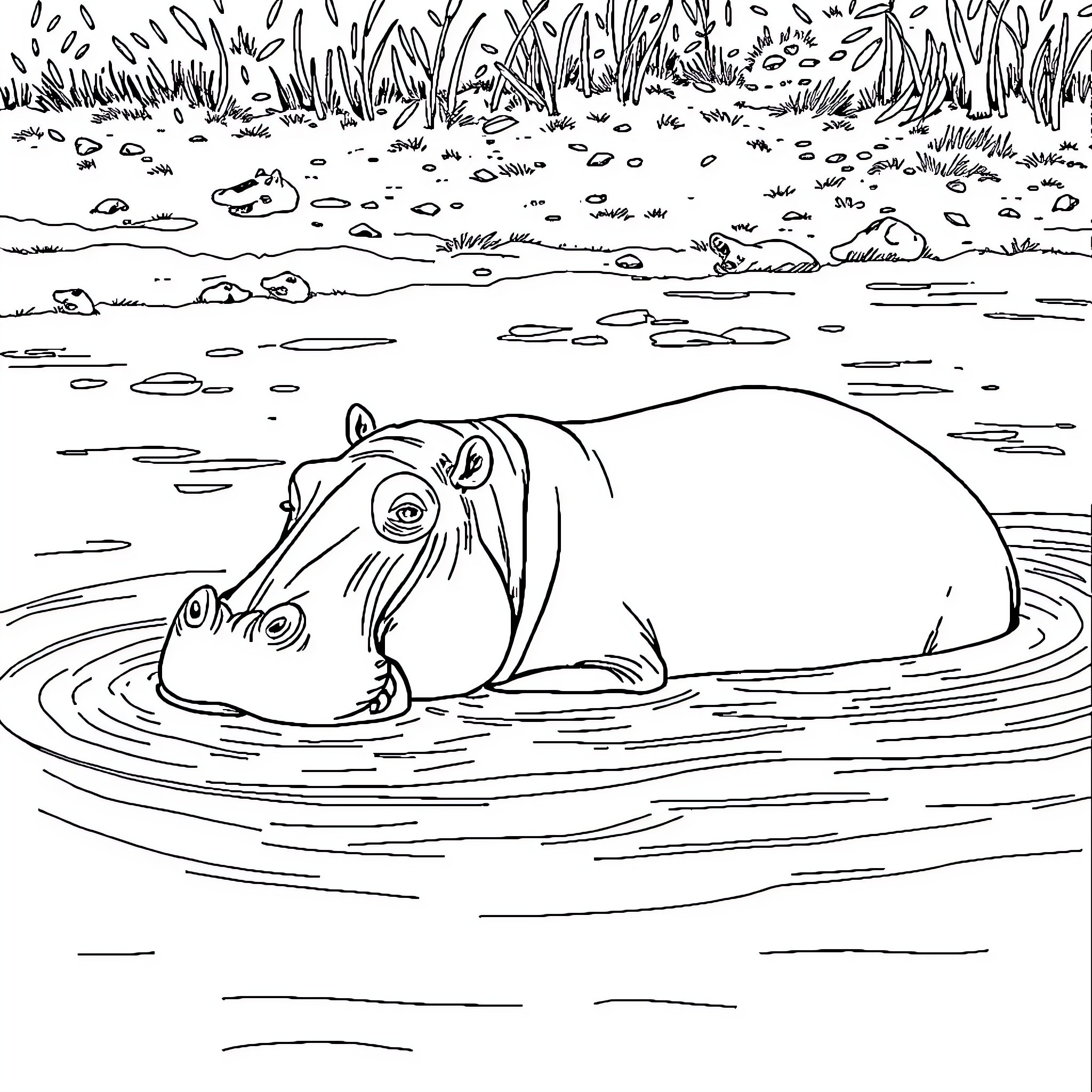 Hippo relaxing in the water Coloring Page (free black-and-white line drawing printable PDF for all, from beginners to advanced learners, including children, teens, adults, and seniors)