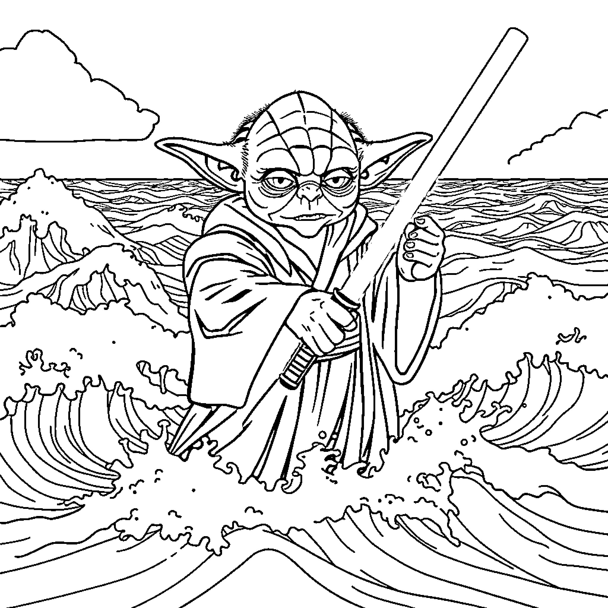 Yoda wielding lightsaber in epic seascape Coloring Page (free black-and-white line drawing printable PDF for all, from beginners to advanced learners, including children, teens, adults, and seniors)