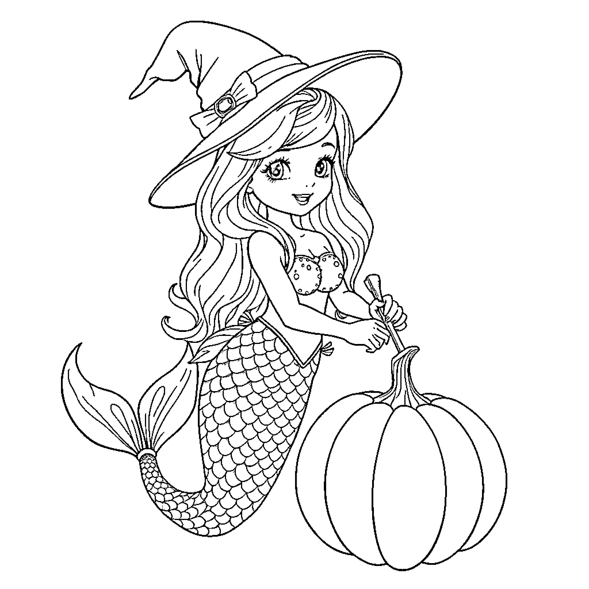 Mermaid witch with pumpkin in autumn Coloring Page (free black-and-white line drawing printable PDF for all, from beginners to advanced learners, including children, teens, adults, and seniors)