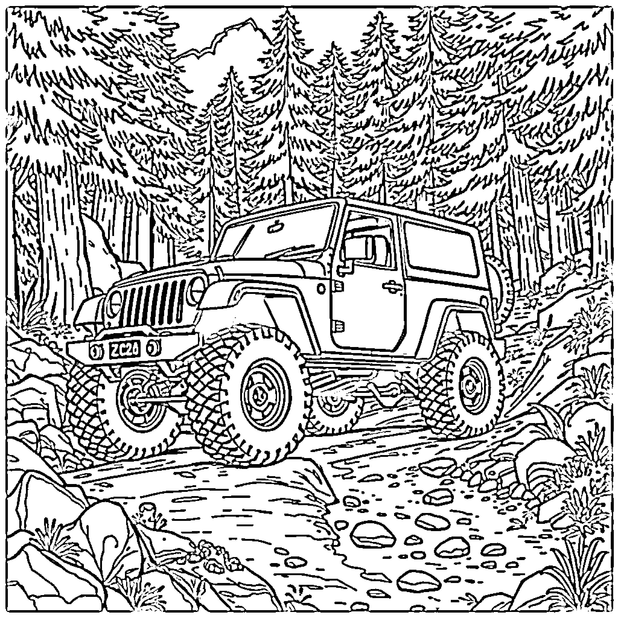 Car Adventuring Through the Rugged Wilderness Coloring Page (free black-and-white line drawing printable PDF for all, from beginners to advanced learners, including children, teens, adults, and seniors)
