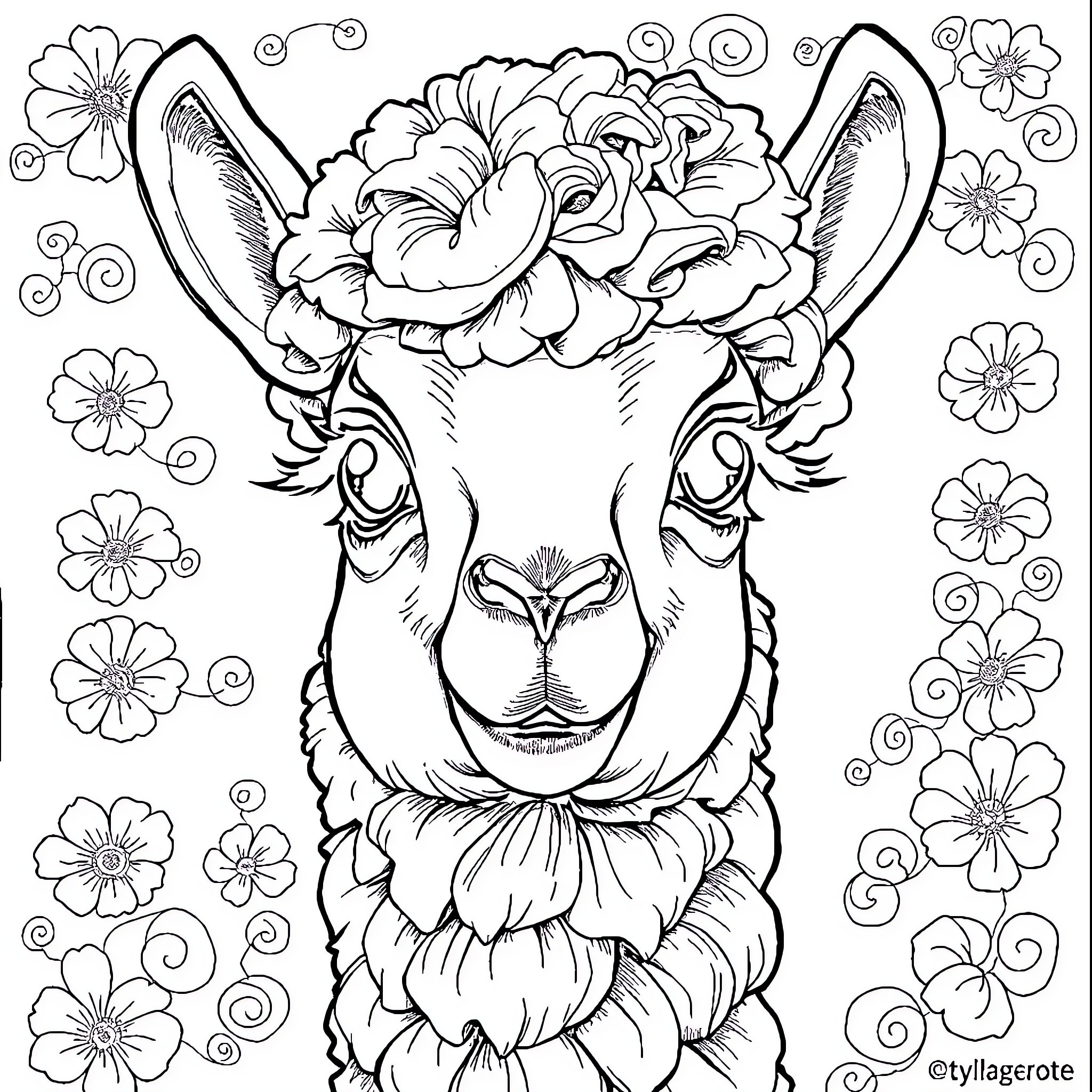Alpaca adorned with floral wreath Coloring Page (free black-and-white line drawing printable PDF for all, from beginners to advanced learners, including children, teens, adults, and seniors)