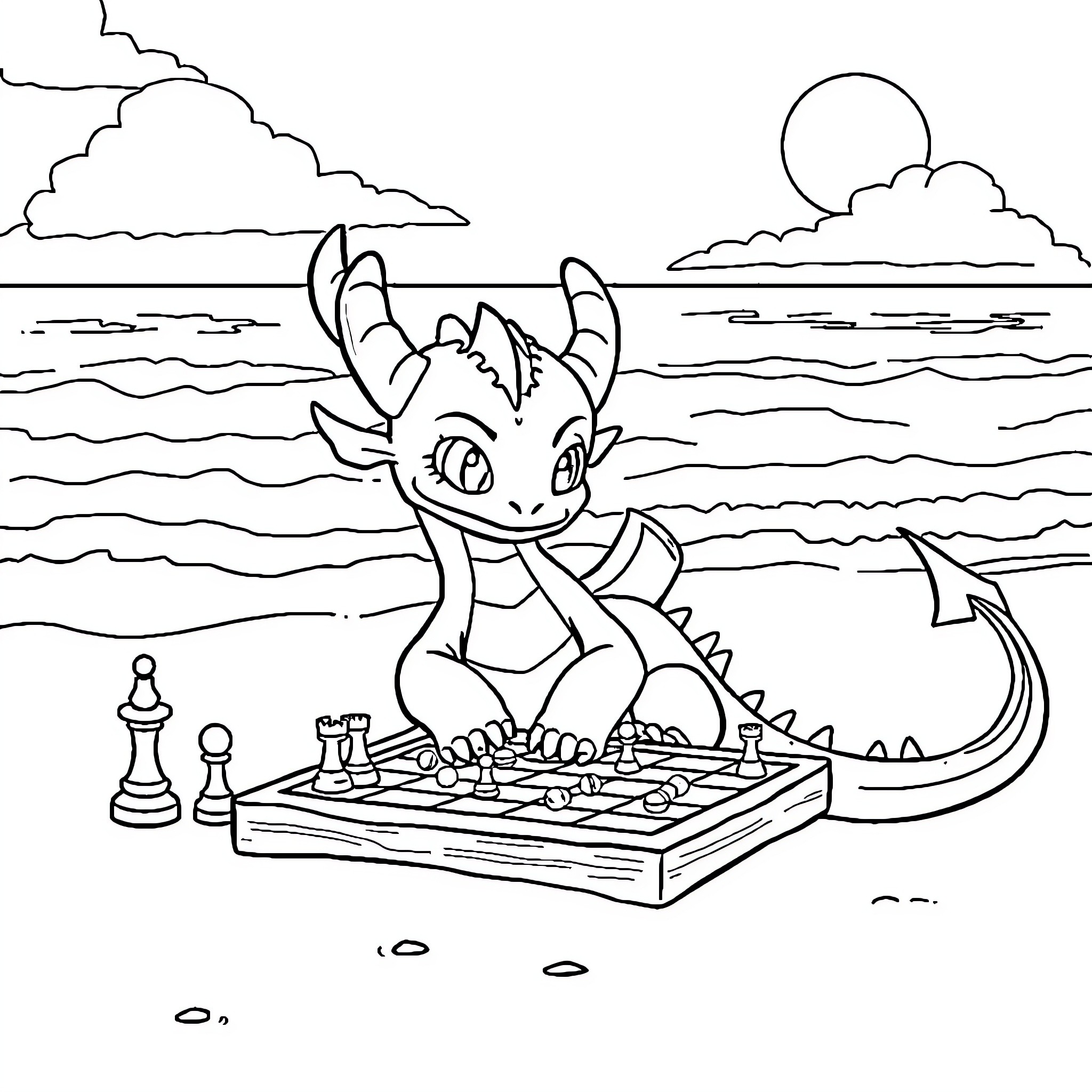 Dragon playing chess by the moonlit sea Coloring Page (free black-and-white line drawing printable PDF for all, from beginners to advanced learners, including children, teens, adults, and seniors)