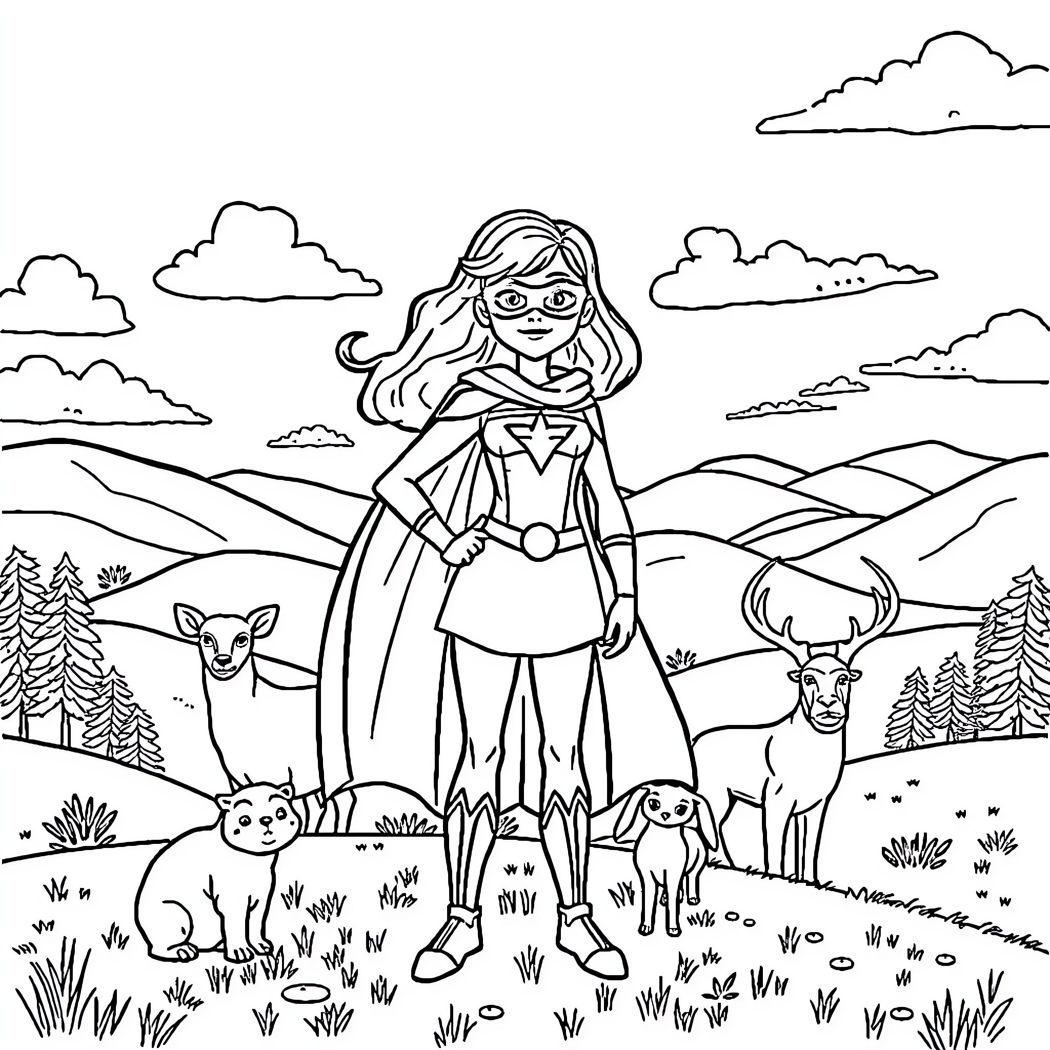 Superhero Girl Surrounded by Wildlife in Nature Coloring Page (free black-and-white line drawing printable PDF for all, from beginners to advanced learners, including children, teens, adults, and seniors)
