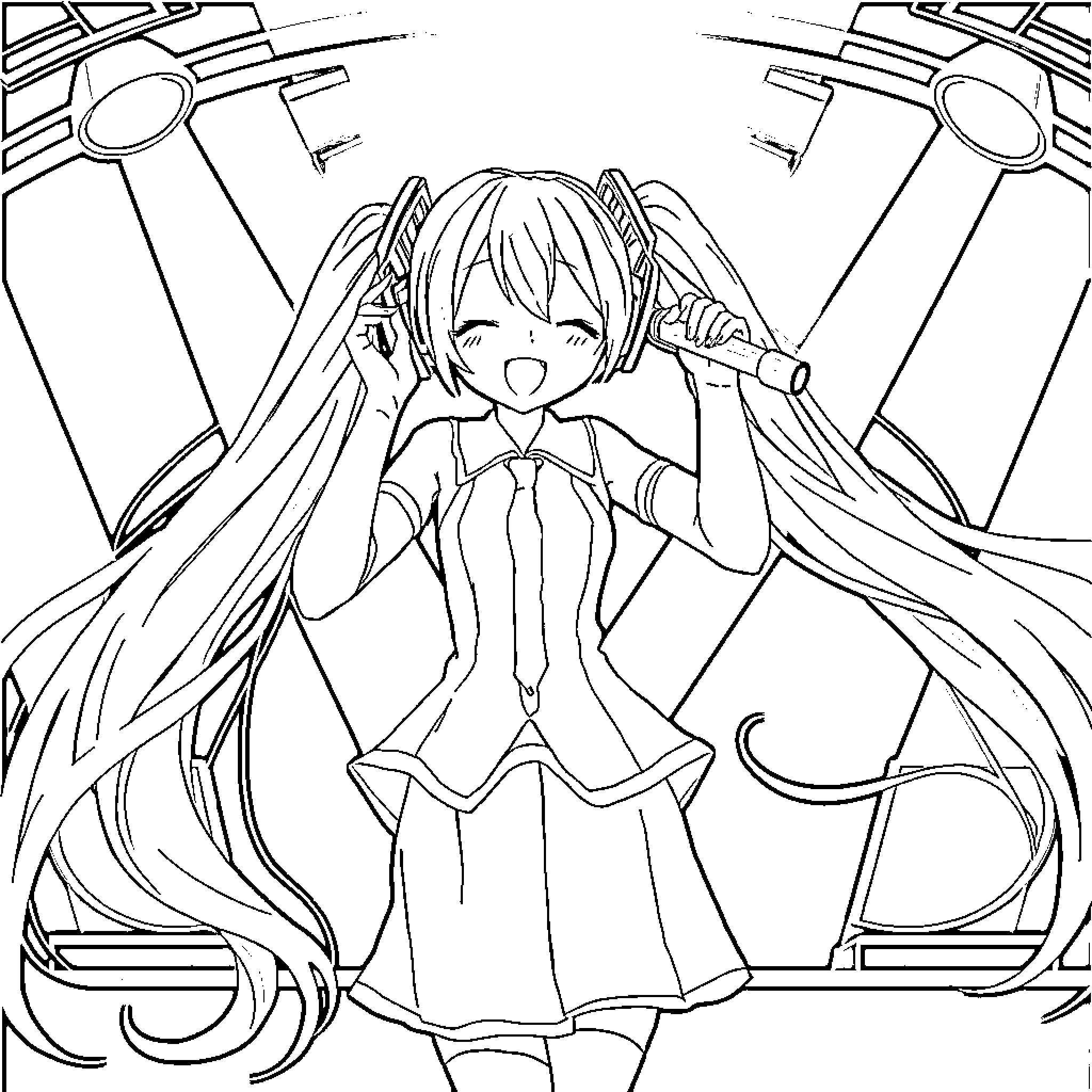 Miku performing enthusiastically on stage Coloring Page (free black-and-white line drawing printable PDF for all, from beginners to advanced learners, including children, teens, adults, and seniors)
