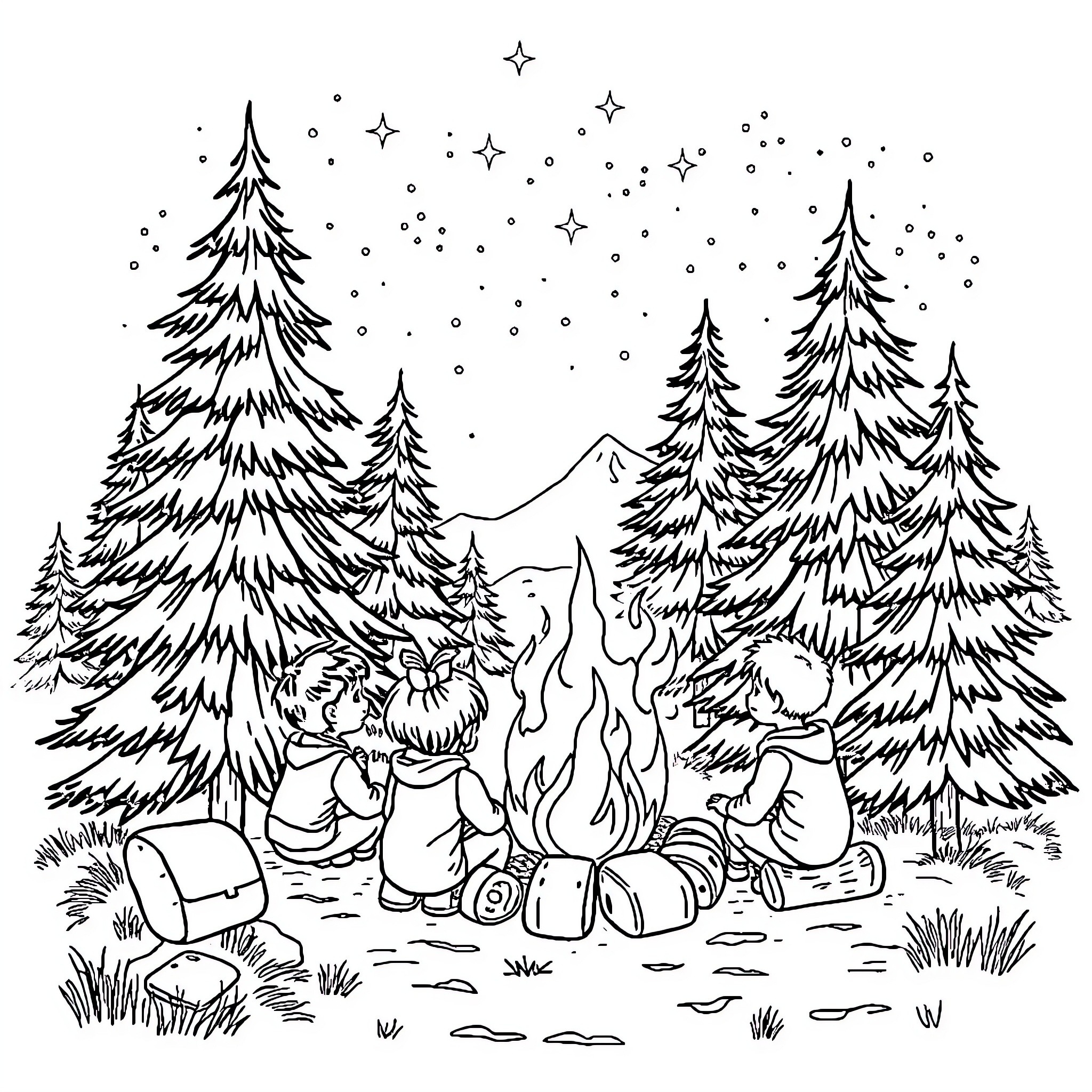 Kid's Cozy Camping Adventure in the Snowy Forest Coloring Page (free black-and-white line drawing printable PDF for all, from beginners to advanced learners, including children, teens, adults, and seniors)