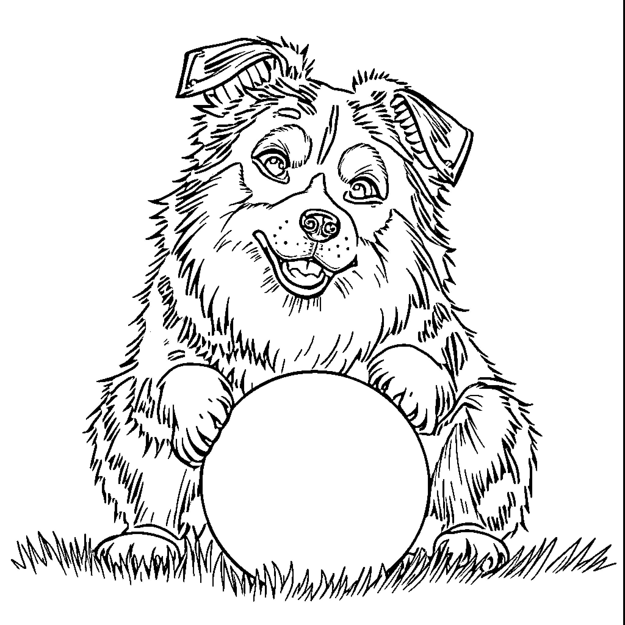 Chien playing happily with ball on the grass Coloring Page (free black-and-white line drawing printable PDF for all, from beginners to advanced learners, including children, teens, adults, and seniors)