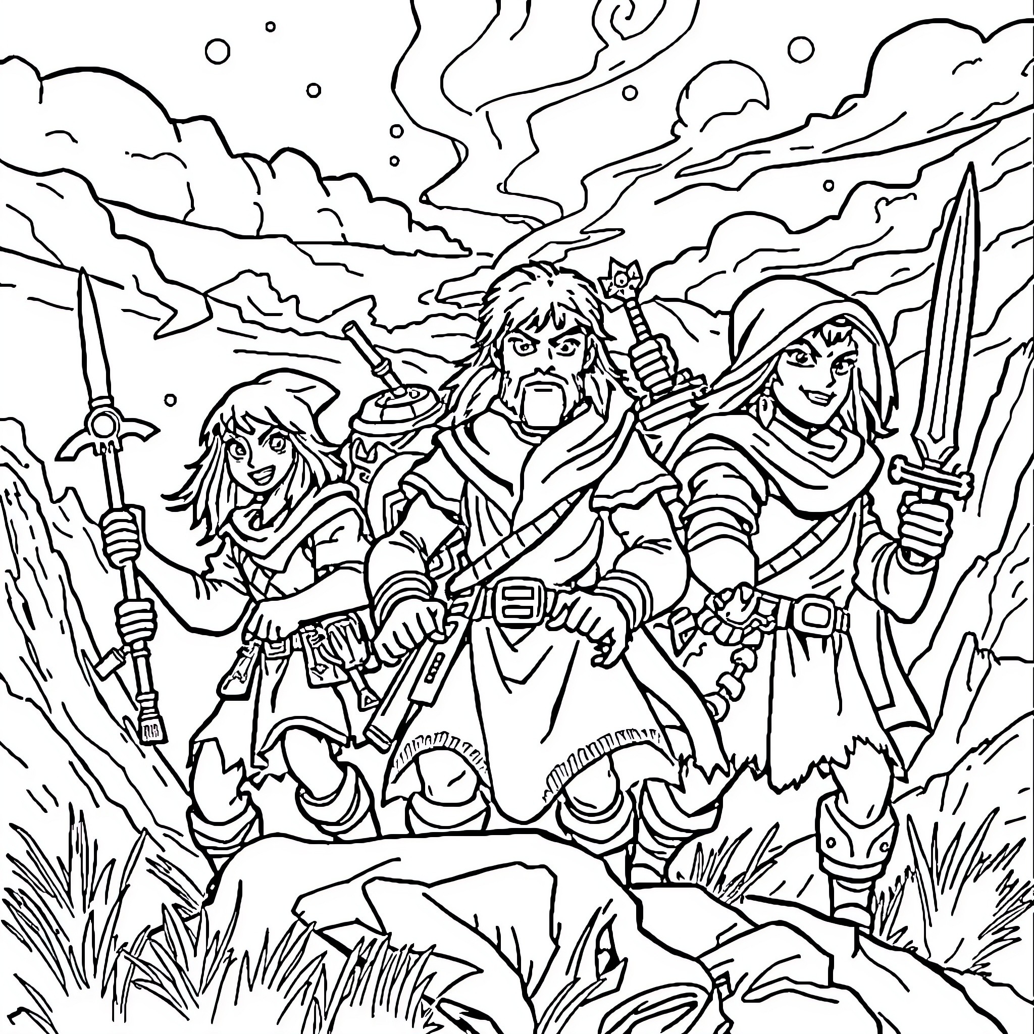 Adventurers explore the rugged terrain Coloring Page (free black-and-white line drawing printable PDF for all, from beginners to advanced learners, including children, teens, adults, and seniors)