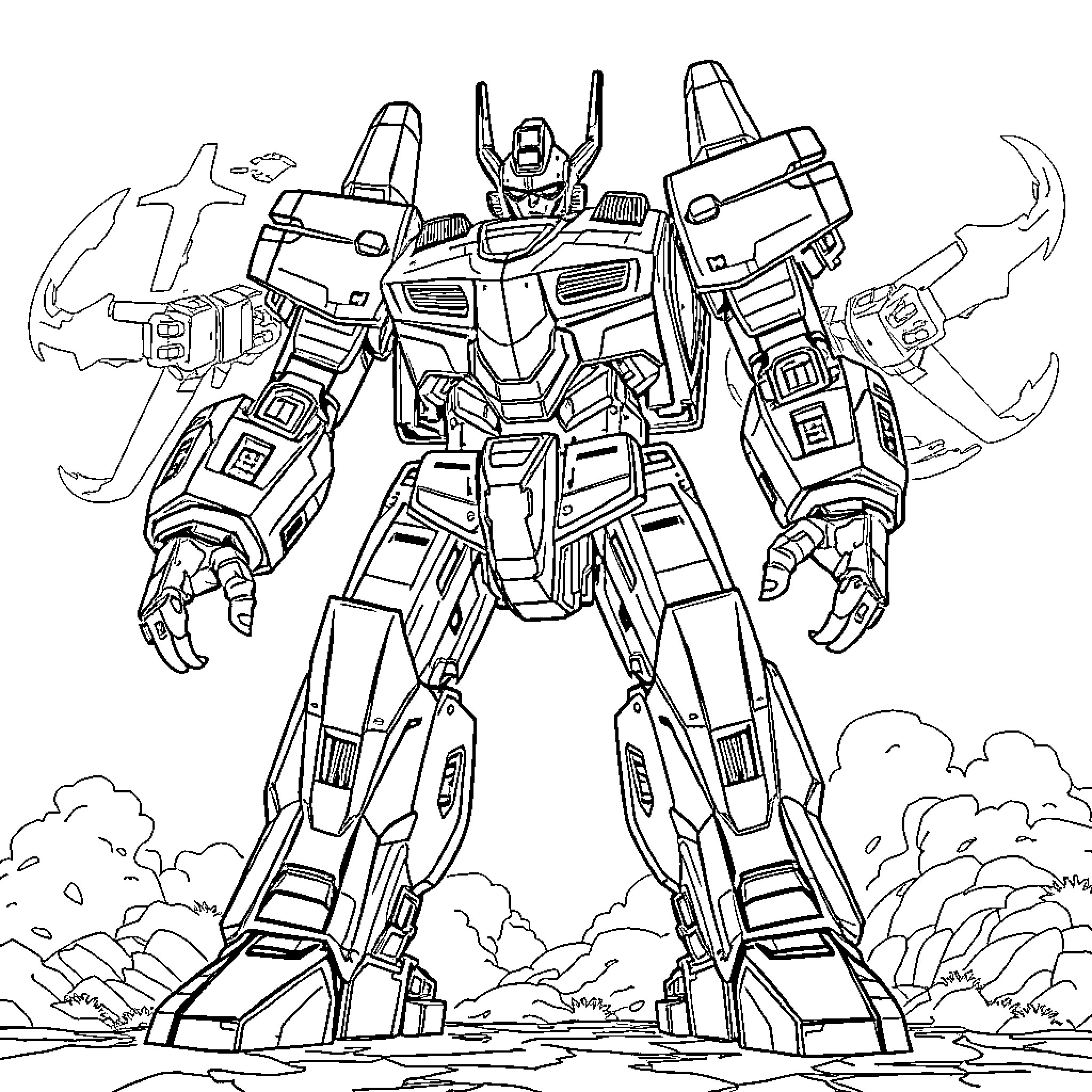 Crimson Typhoon Transforming Mecha Warrior in Action Coloring Page (free black-and-white line drawing printable PDF for all, from beginners to advanced learners, including children, teens, adults, and seniors)