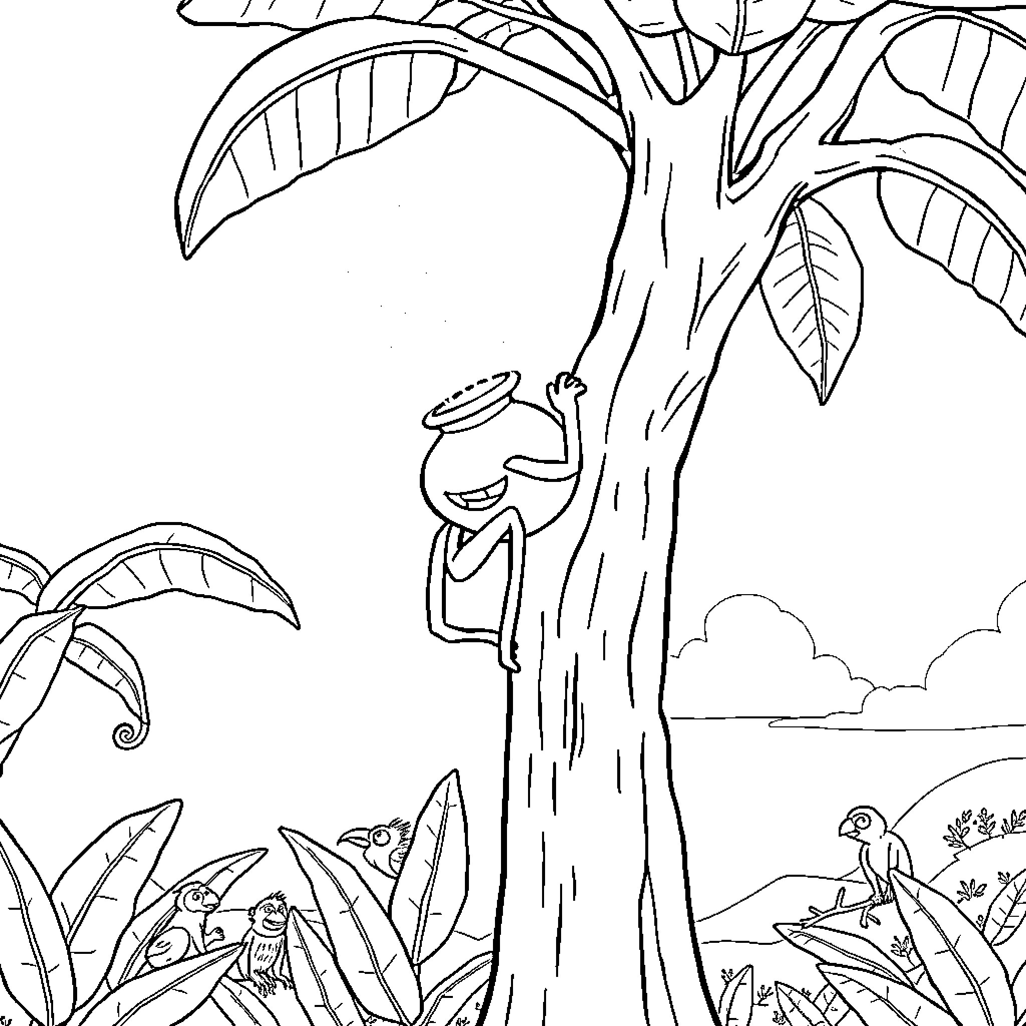 Anansi's Trickery in the Tropical Landscape Coloring Page (free black-and-white line drawing printable PDF for all, from beginners to advanced learners, including children, teens, adults, and seniors)