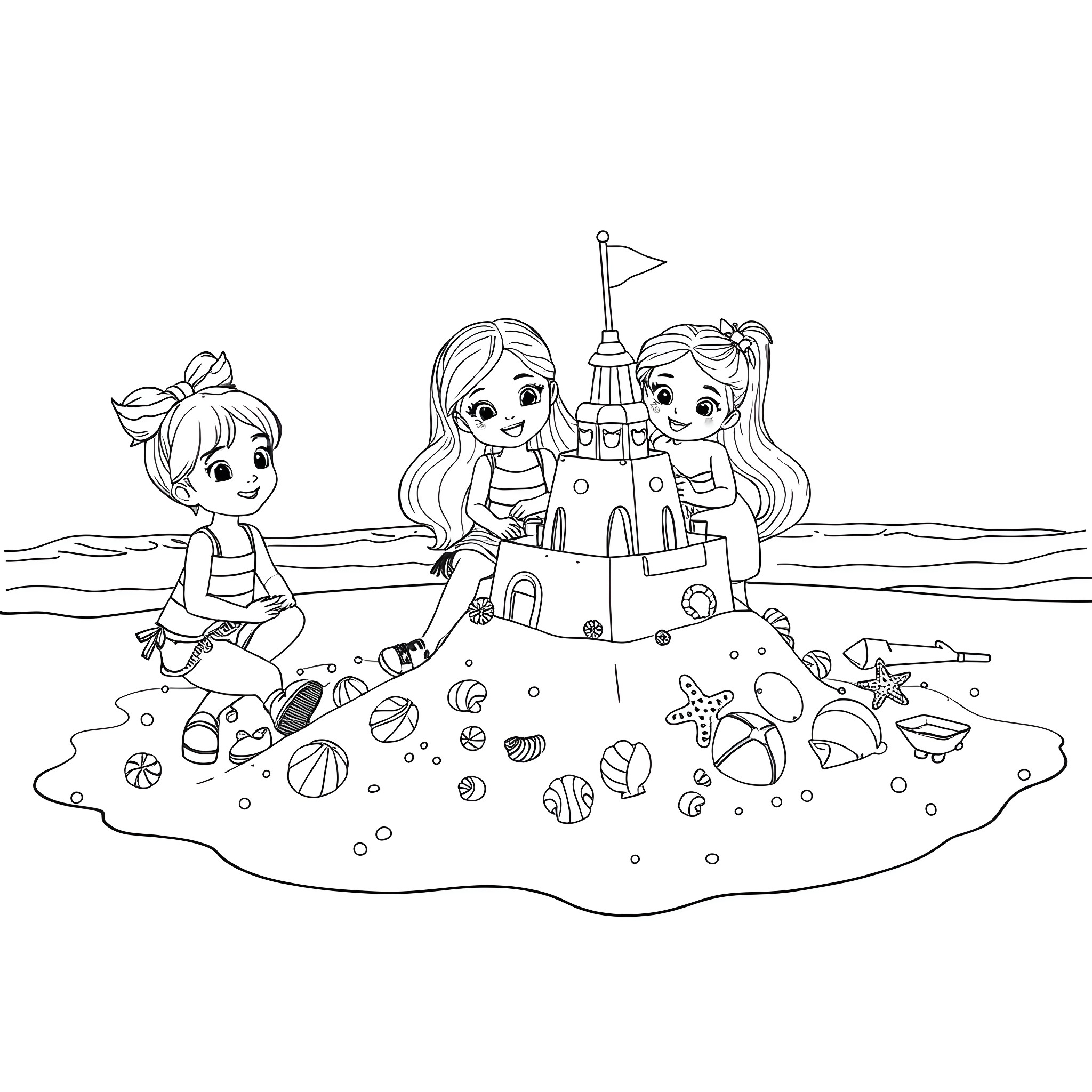 Gabby's Beach Adventure with Friends Coloring Page (free black-and-white line drawing printable PDF for all, from beginners to advanced learners, including children, teens, adults, and seniors)