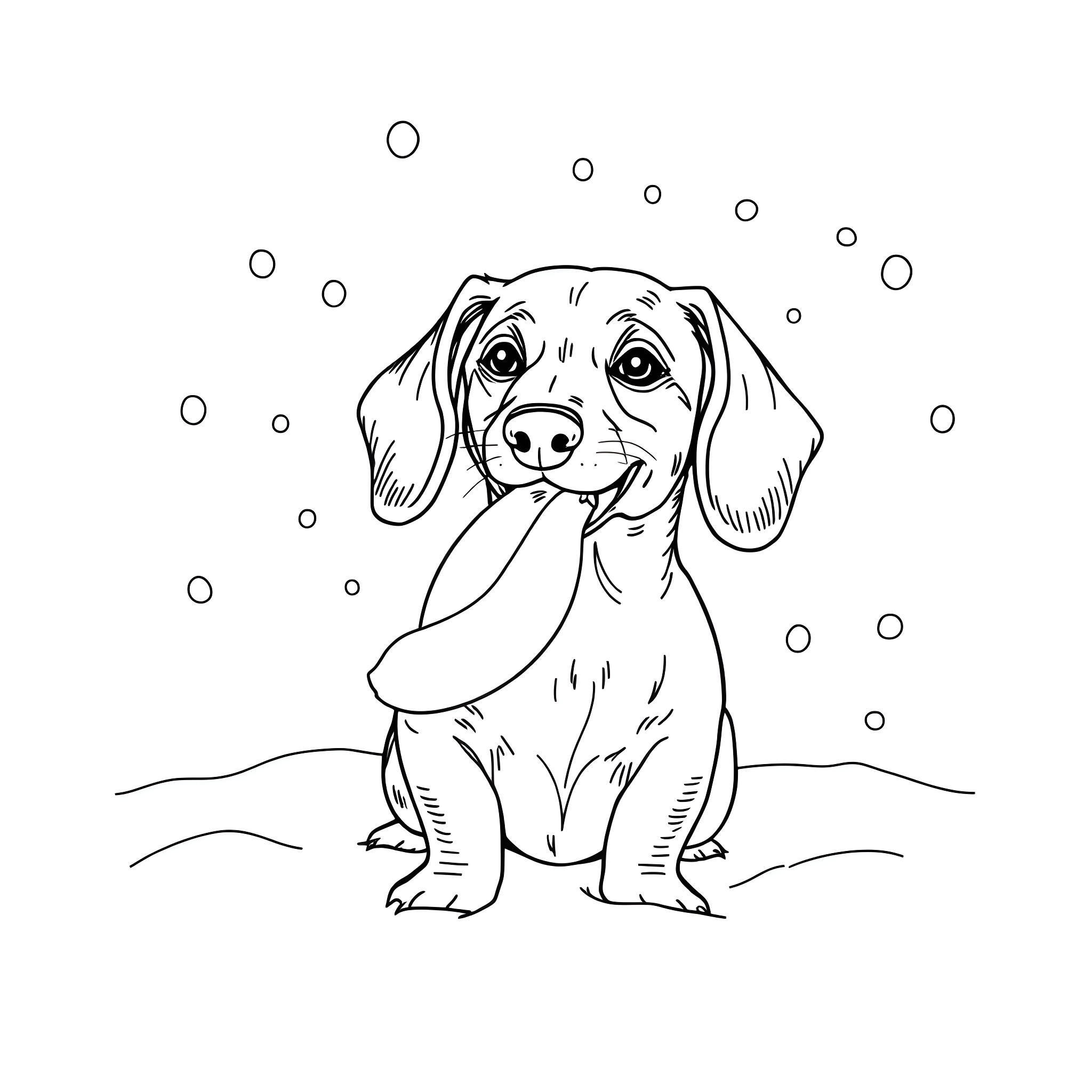 Dachshund pup in the snow Coloring Page (free black-and-white line drawing printable PDF for all, from beginners to advanced learners, including children, teens, adults, and seniors)