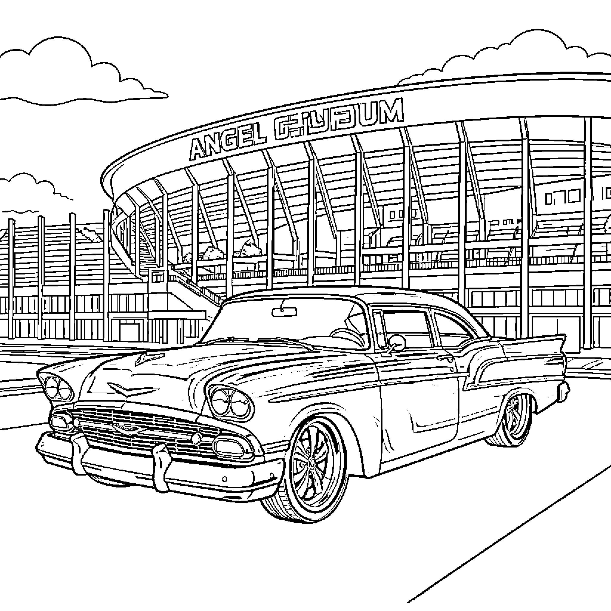 Lowrider classic car at the Angel Gym stadium Coloring Page (free black-and-white line drawing printable PDF for all, from beginners to advanced learners, including children, teens, adults, and seniors)