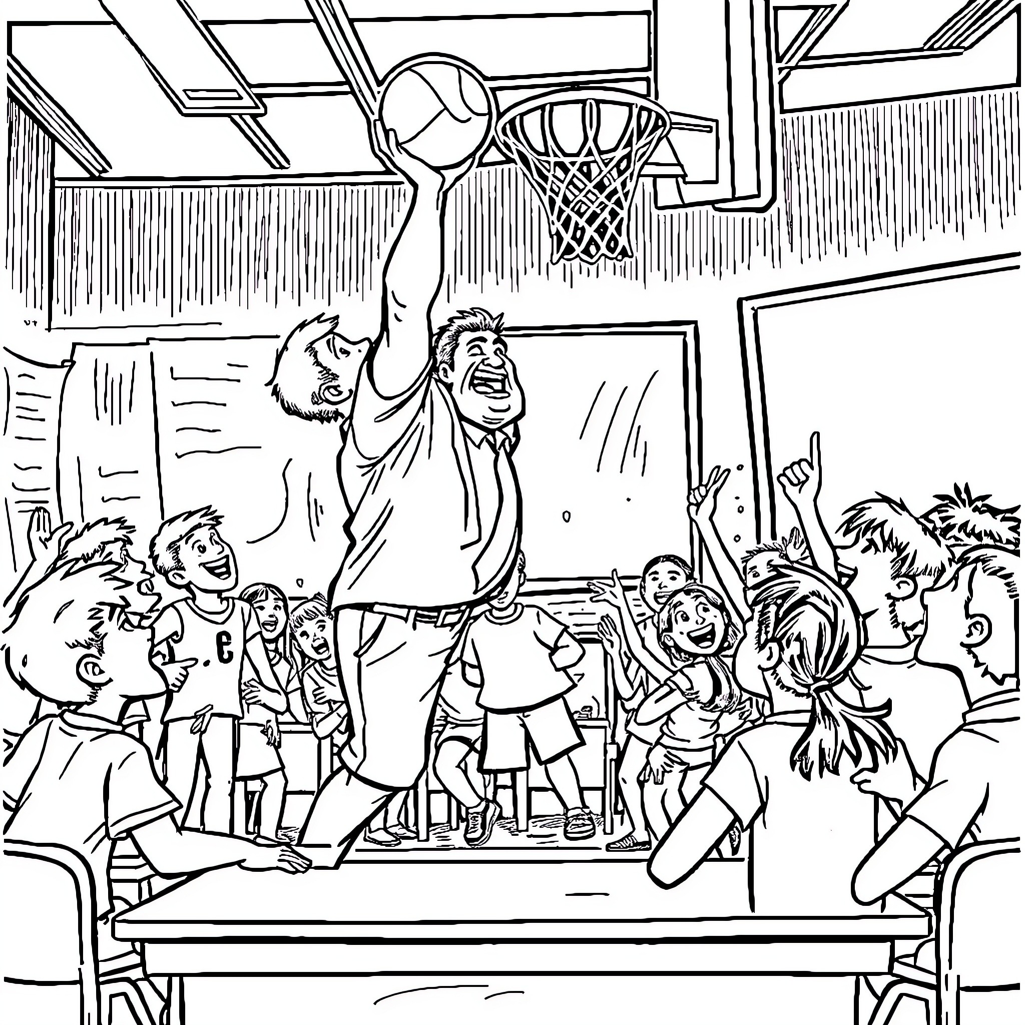 Teacher leading basketball game with excited students Coloring Page (free black-and-white line drawing printable PDF for all, from beginners to advanced learners, including children, teens, adults, and seniors)