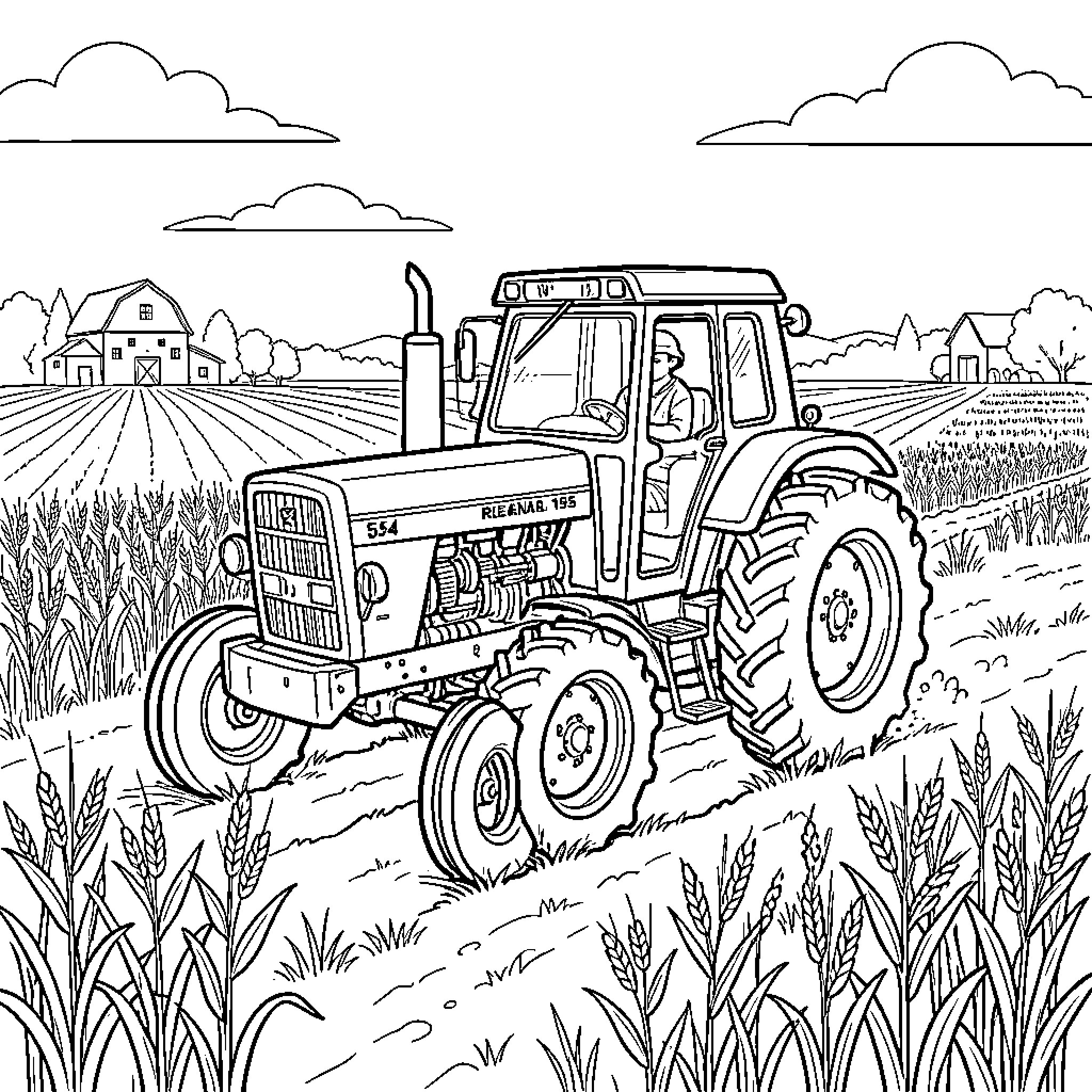 Renault Tractor working in a vast farm field Coloring Page (free black-and-white line drawing printable PDF for all, from beginners to advanced learners, including children, teens, adults, and seniors)