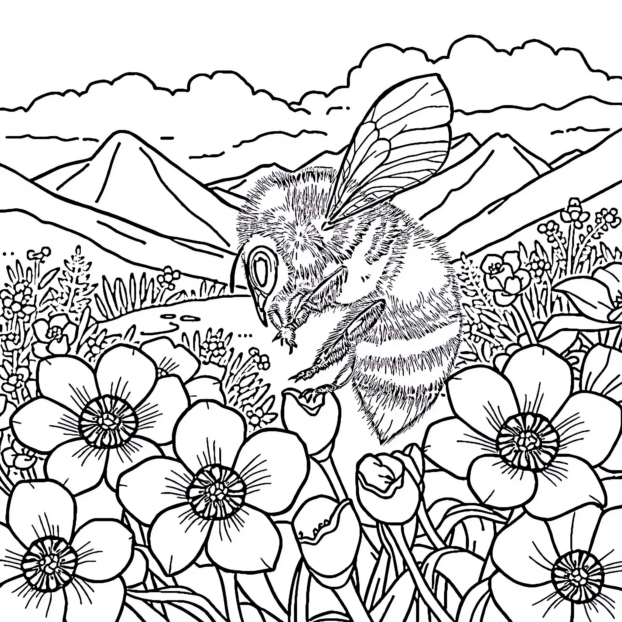Bumblebee pollinating flowers in a scenic mountain landscape Coloring Page (free black-and-white line drawing printable PDF for all, from beginners to advanced learners, including children, teens, adults, and seniors)