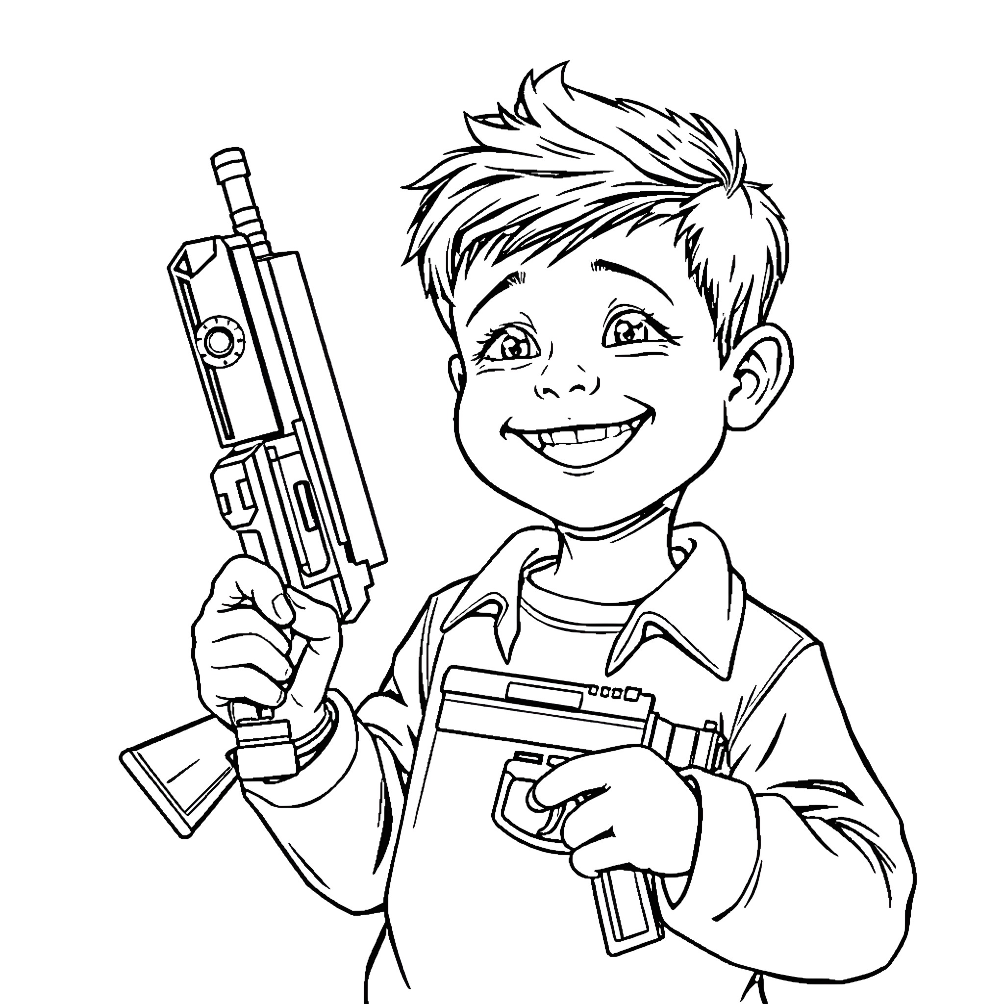 Child Holding Toy Guns and Smiling Happily Coloring Page (free black-and-white line drawing printable PDF for all, from beginners to advanced learners, including children, teens, adults, and seniors)