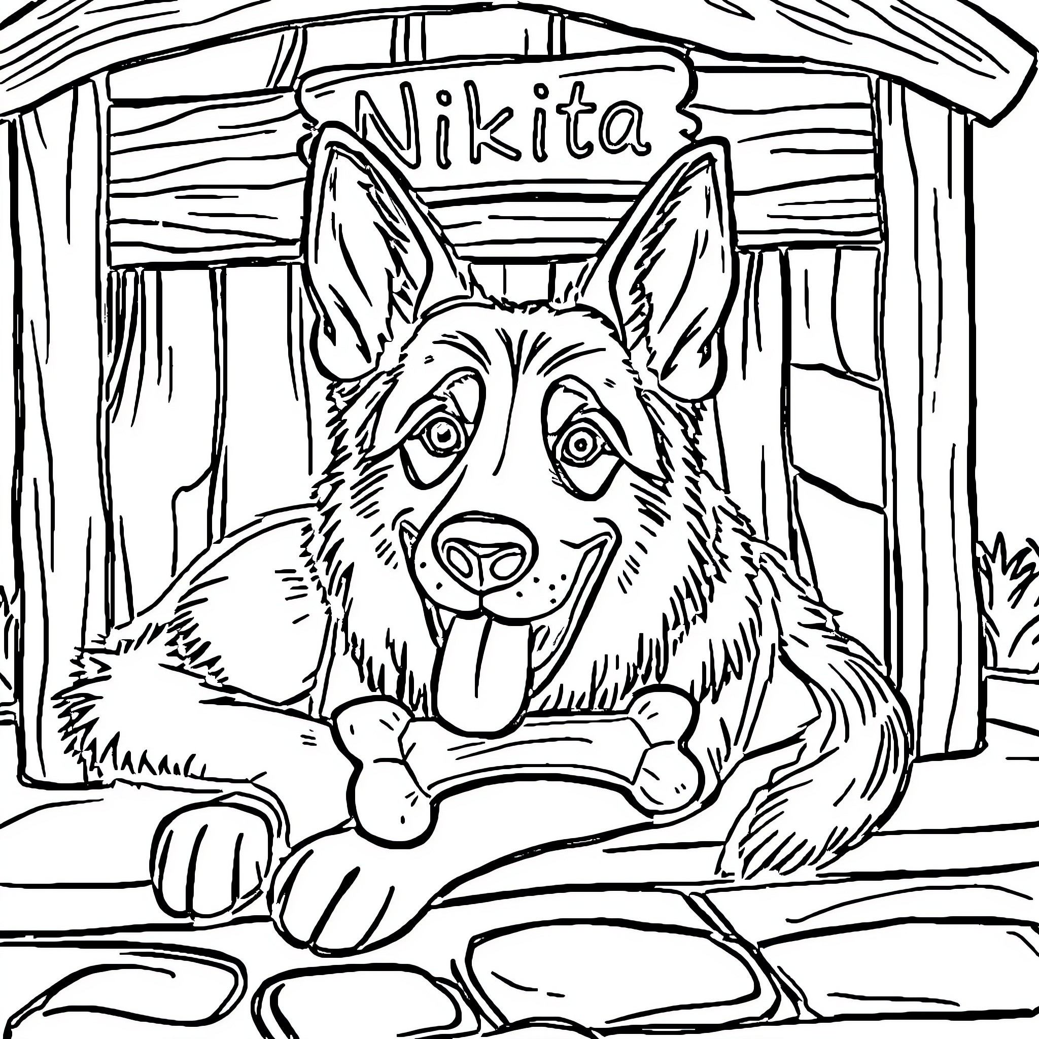 German Shepherd dog in a kennel with name sign Coloring Page (free black-and-white line drawing printable PDF for all, from beginners to advanced learners, including children, teens, adults, and seniors)