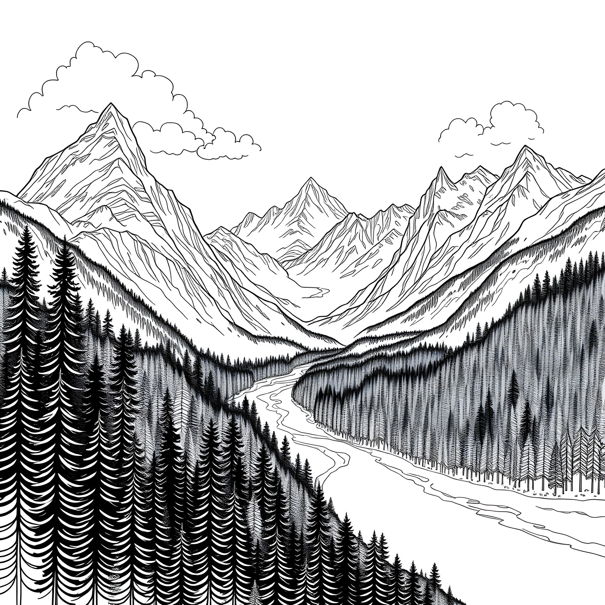 Mountain landscape with snowy peaks and winding river Coloring Page (free black-and-white line drawing printable PDF for all, from beginners to advanced learners, including children, teens, adults, and seniors)