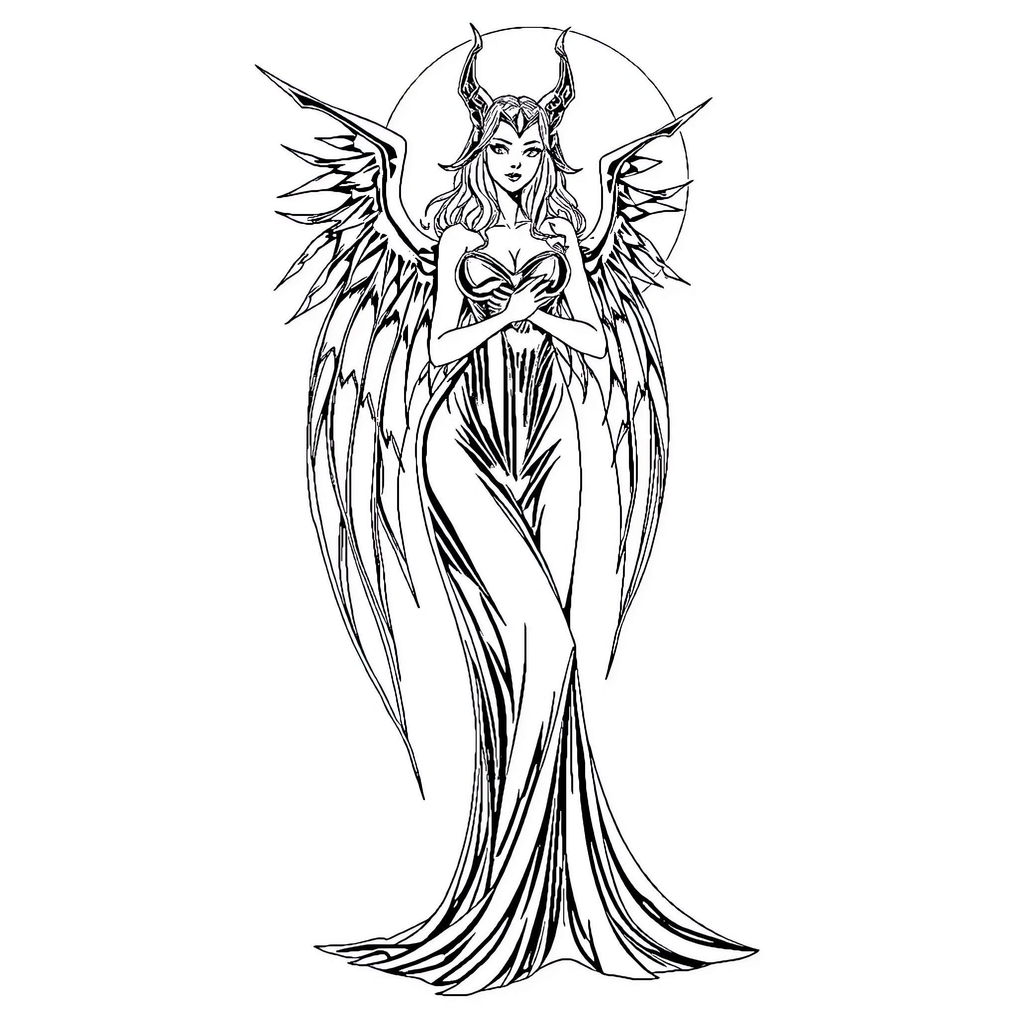 Morrigan, the Magnificent Winged Goddess Coloring Page (free black-and-white line drawing printable PDF for all, from beginners to advanced learners, including children, teens, adults, and seniors)