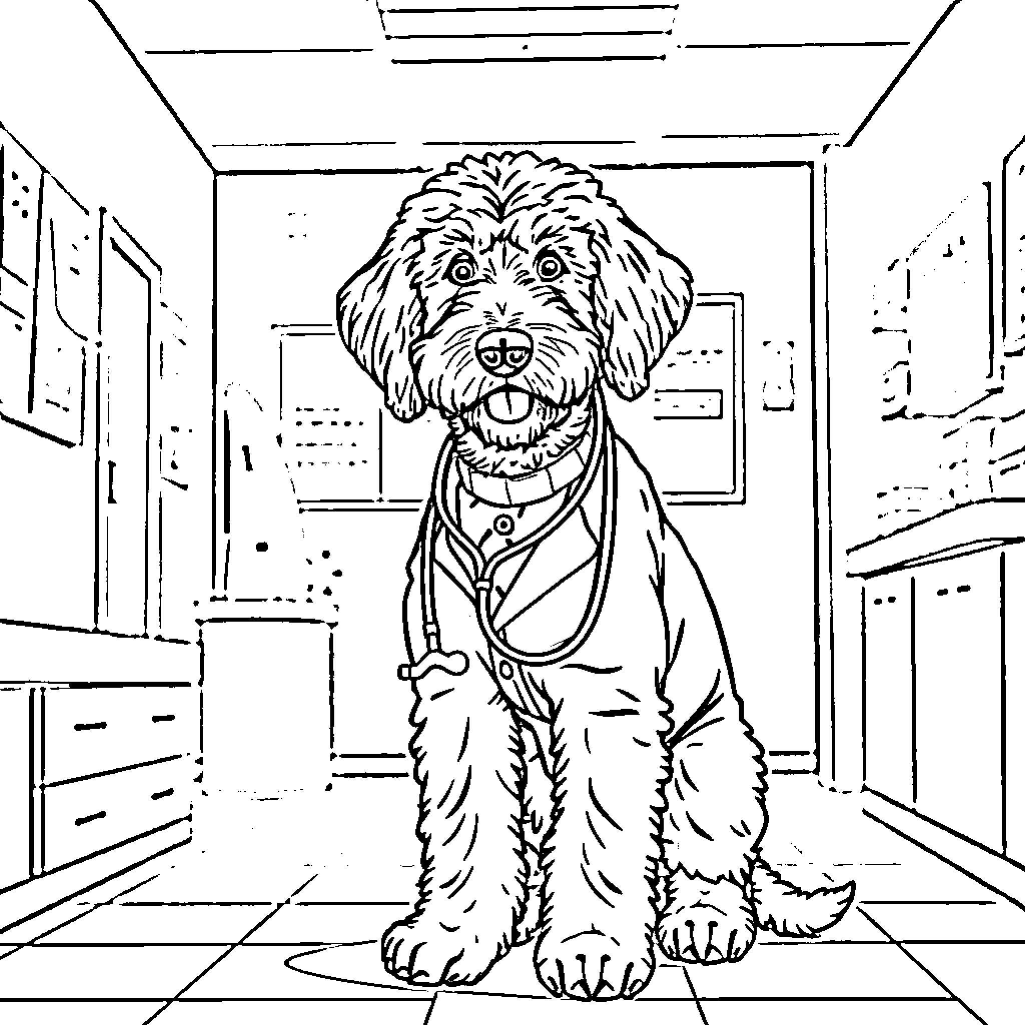 Labradoodle veterinary assistant in the clinic Coloring Page (free black-and-white line drawing printable PDF for all, from beginners to advanced learners, including children, teens, adults, and seniors)