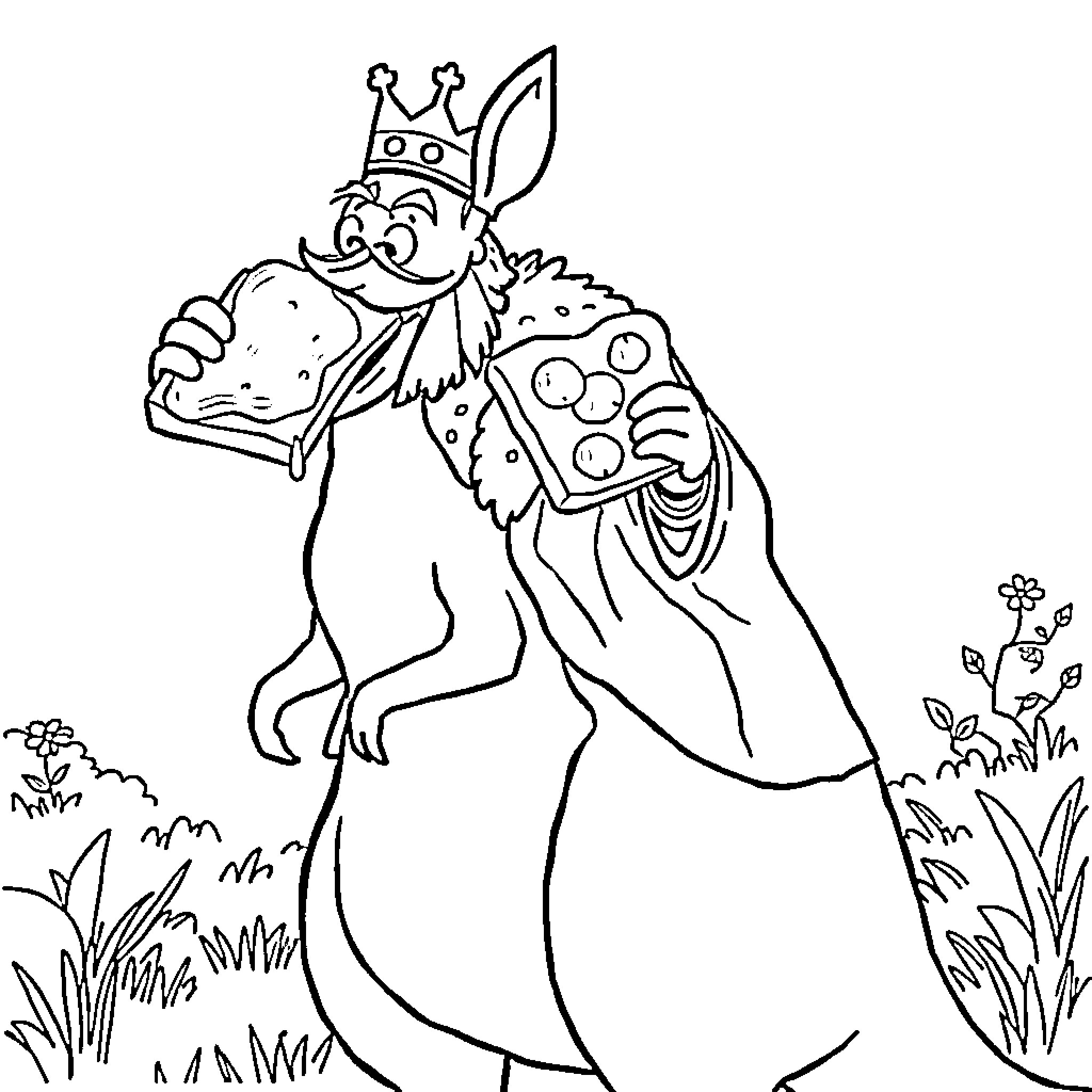 King Bunny enjoying a tasty treat in nature Coloring Page (free black-and-white line drawing printable PDF for all, from beginners to advanced learners, including children, teens, adults, and seniors)